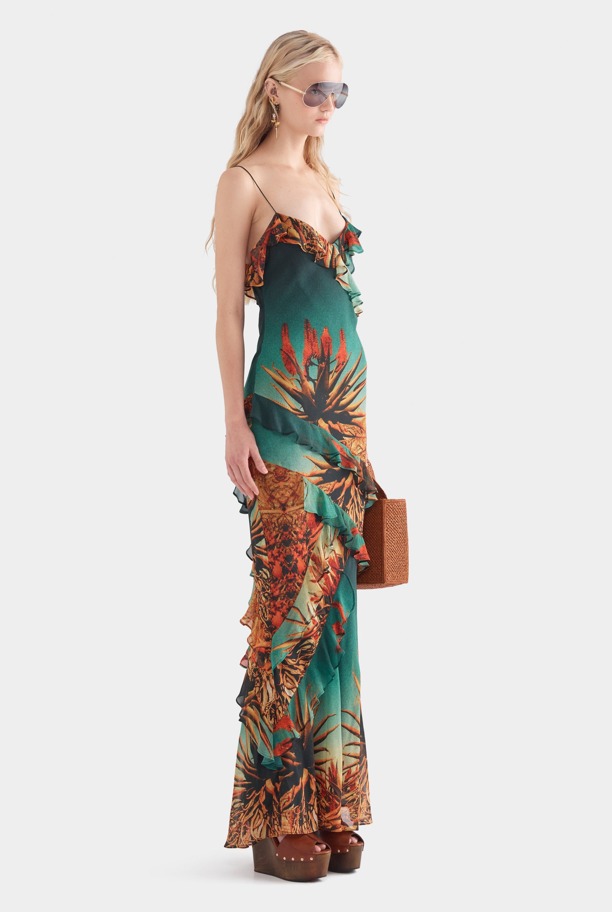 Silk Ruffle Slip Dress - Cactus Print
