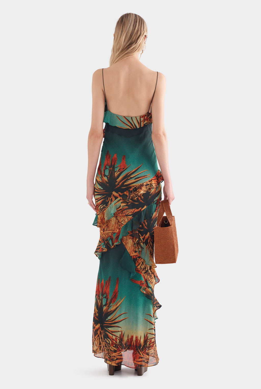 Silk Ruffle Slip Dress - Cactus Print