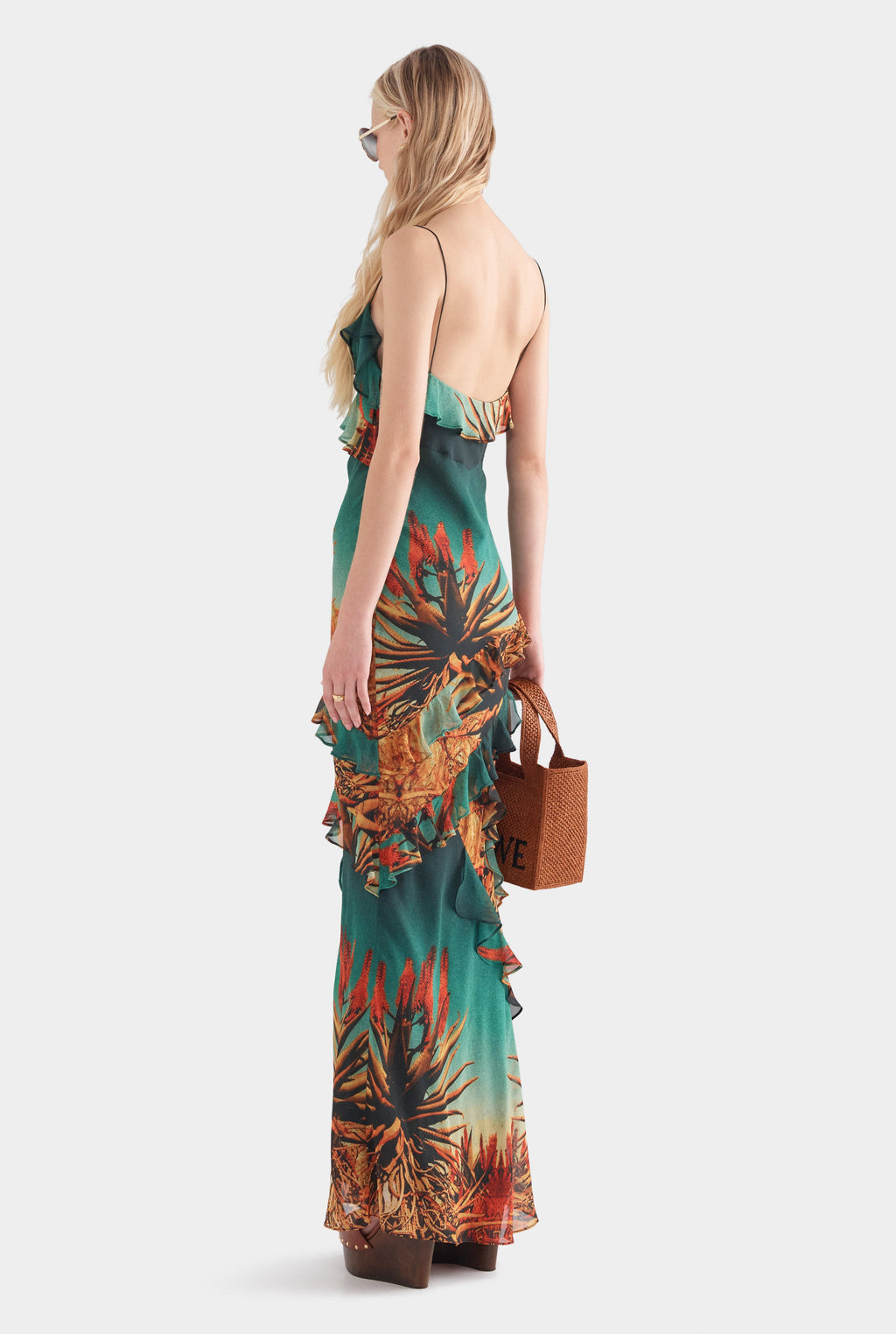 Silk Ruffle Slip Dress - Cactus Print