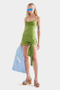 Silk Satin Tie Mini Dress - Leaf Green
