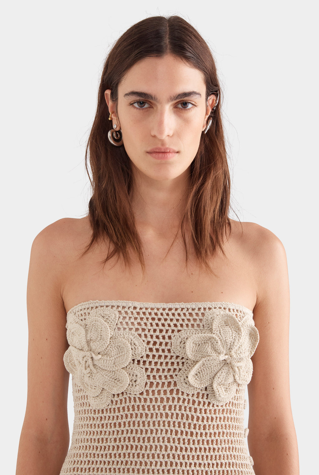 Womens Strapless Crochet Cotton Mini Dress in Natural
