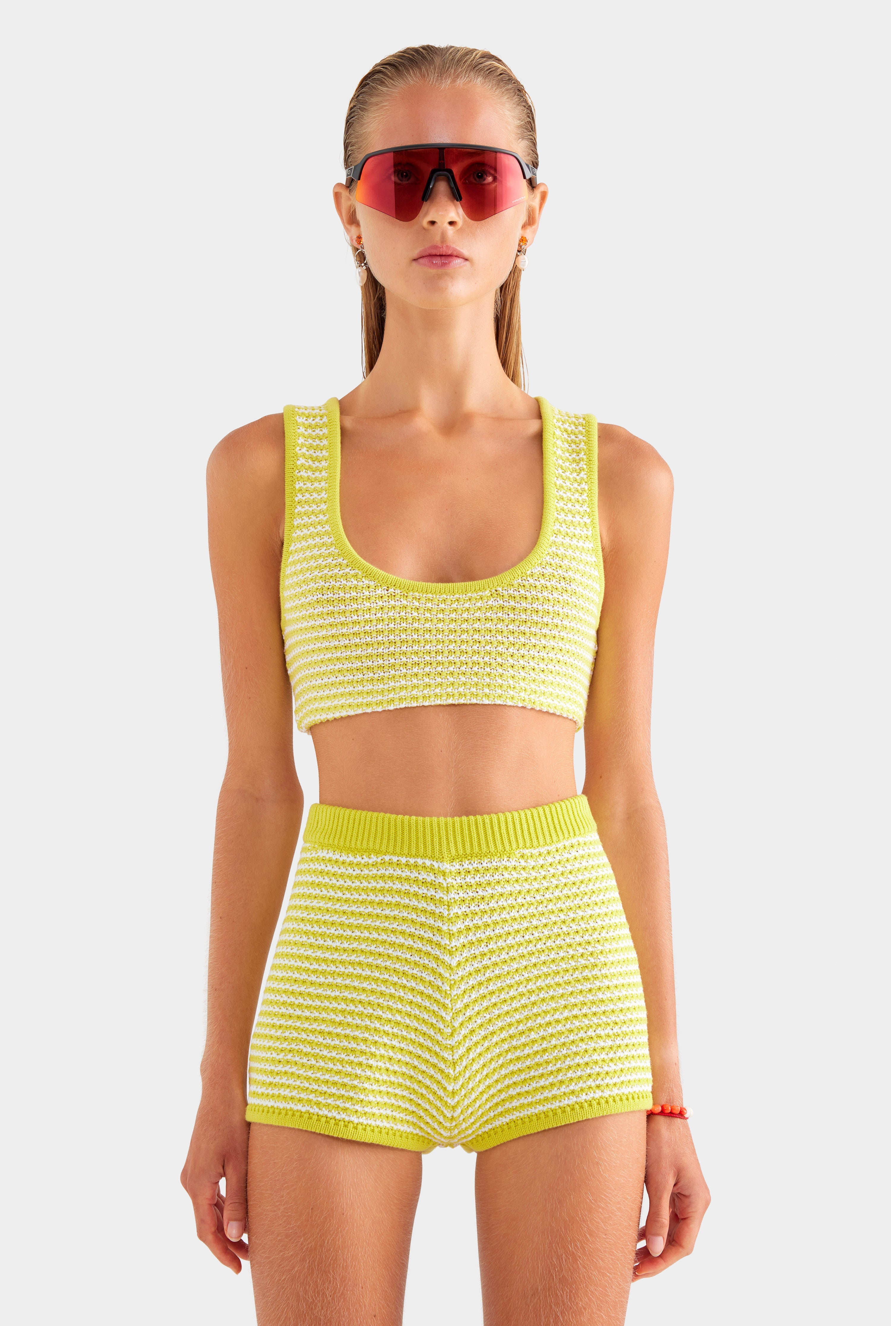 Striped Cotton Knit Short - Chartreuse/Off White Stripe