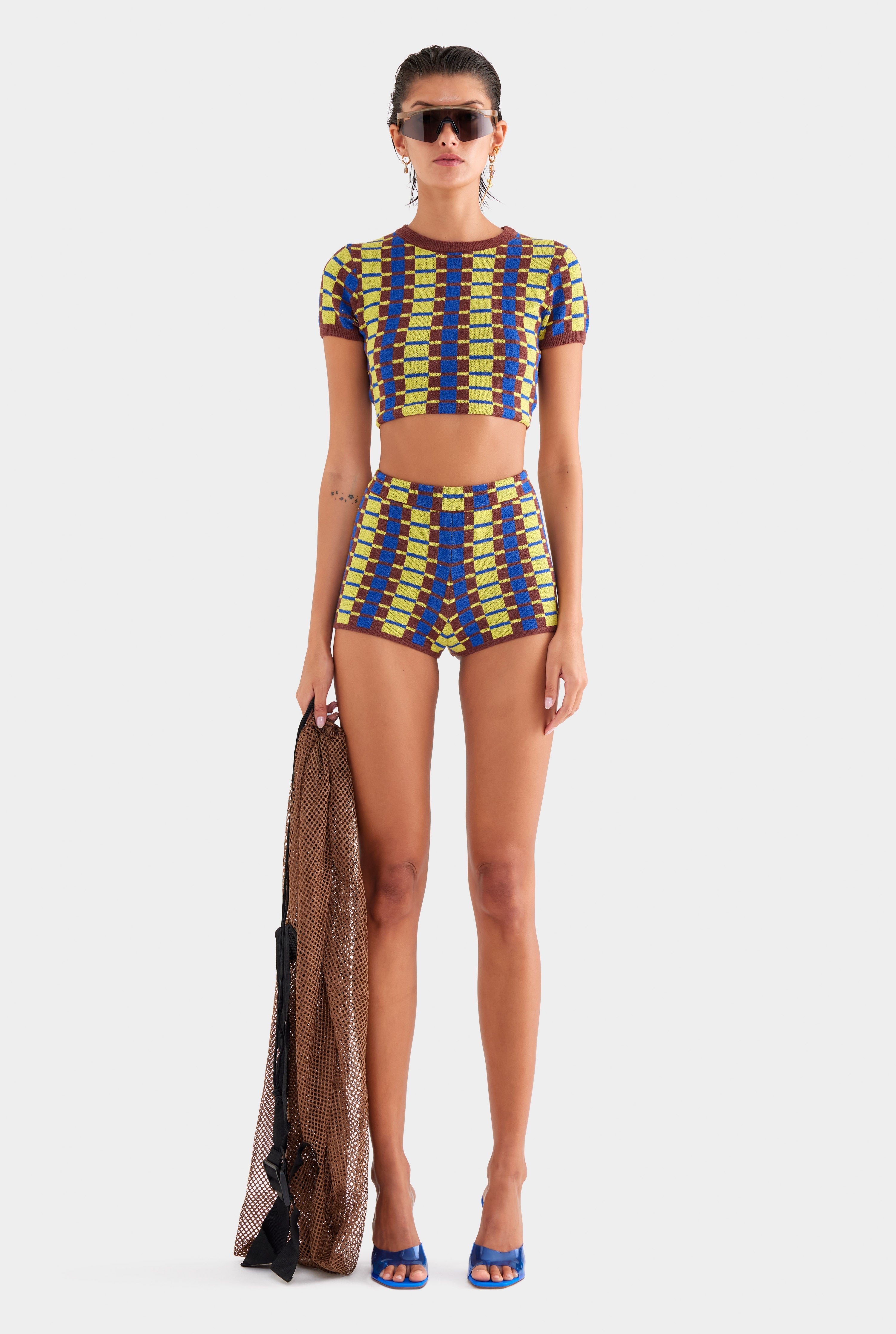 Terry Knit Cropped Tee - Dijon/Blue/Brown Geo Check