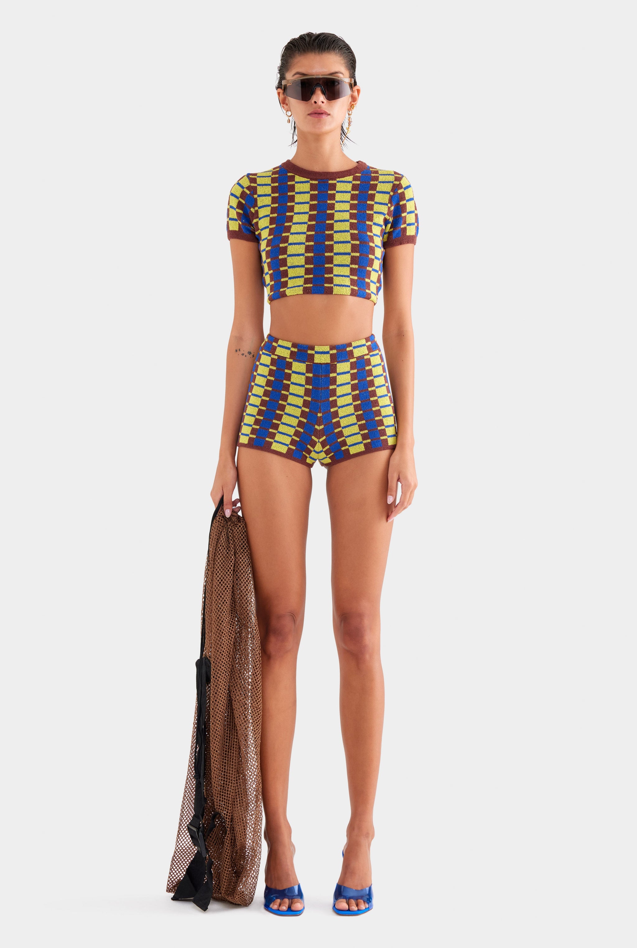 Terry Knit Short - Dijon/Blue/Brown Geo Check