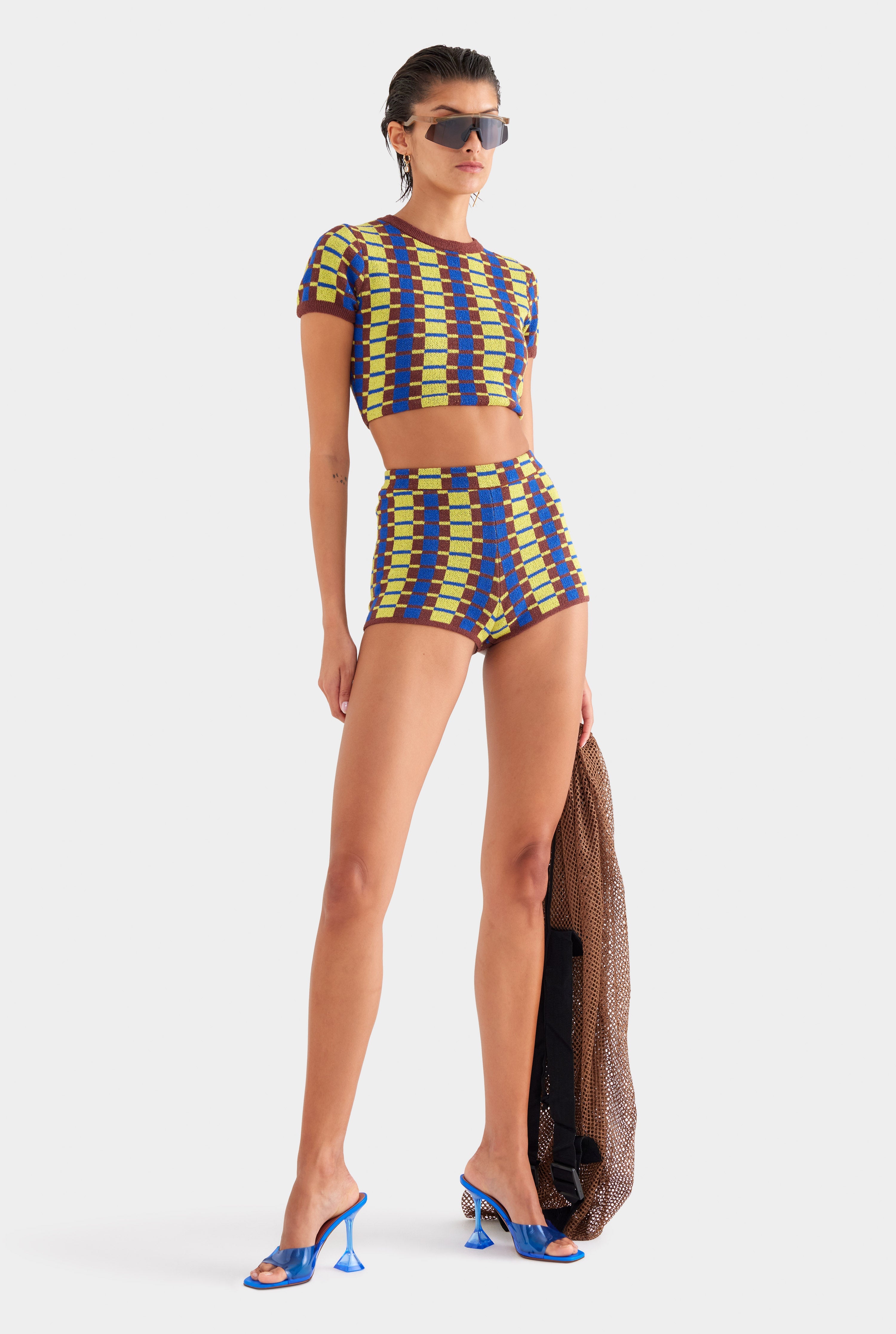 Terry Knit Cropped Tee - Dijon/Blue/Brown Geo Check