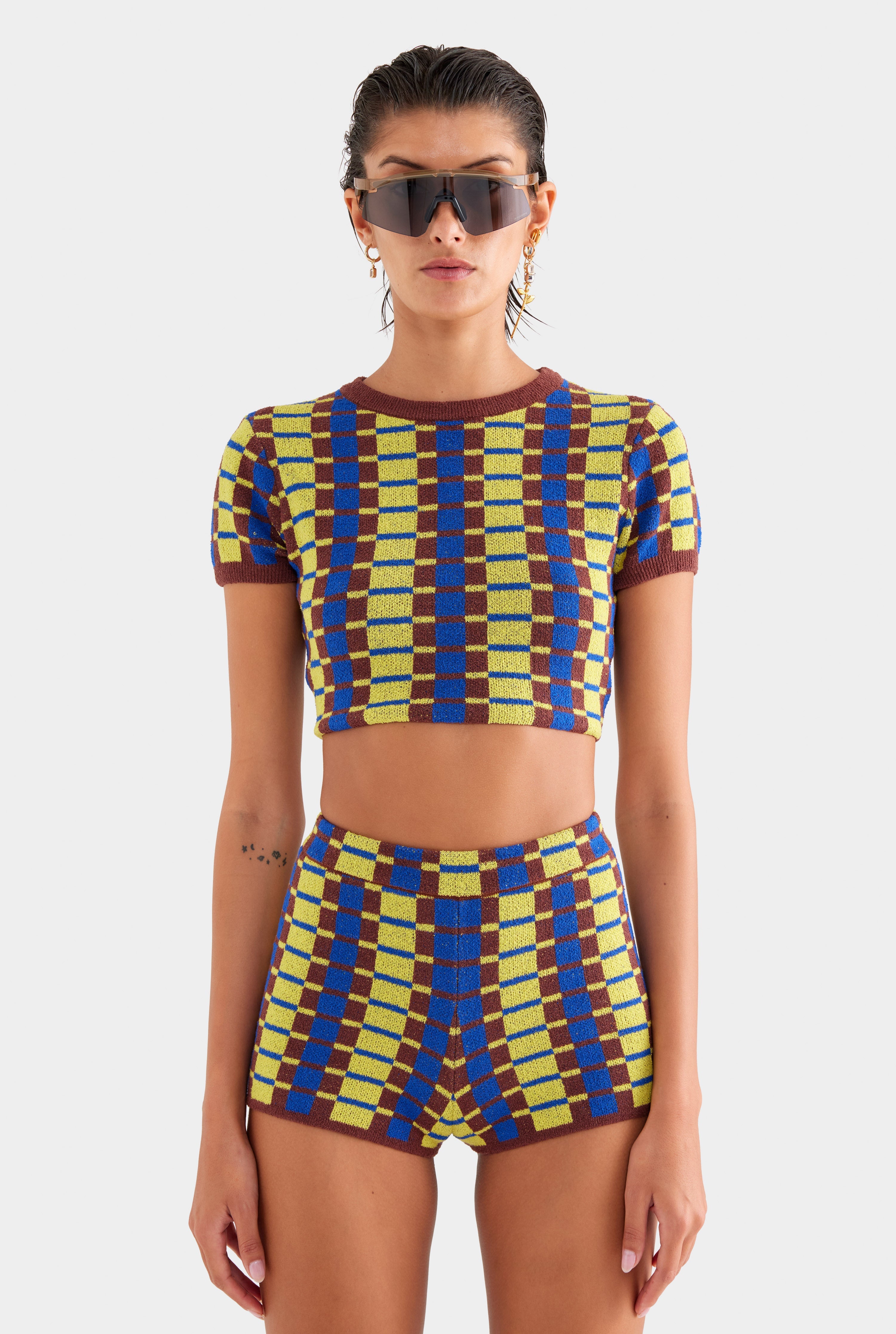 Terry Knit Cropped Tee - Dijon/Blue/Brown Geo Check