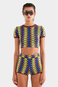 Terry Knit Cropped Tee - Dijon/Blue/Brown Geo Check