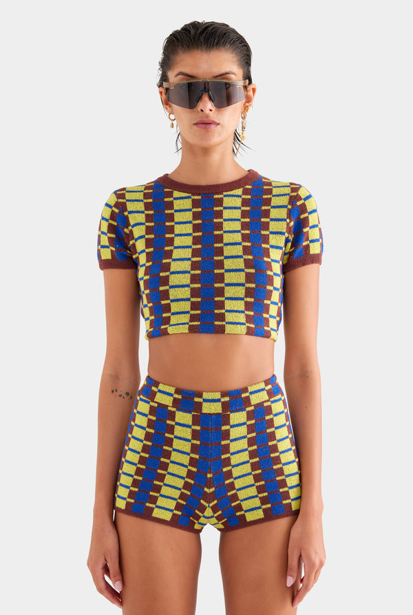 Terry Knit Short - Dijon/Blue/Brown Geo Check