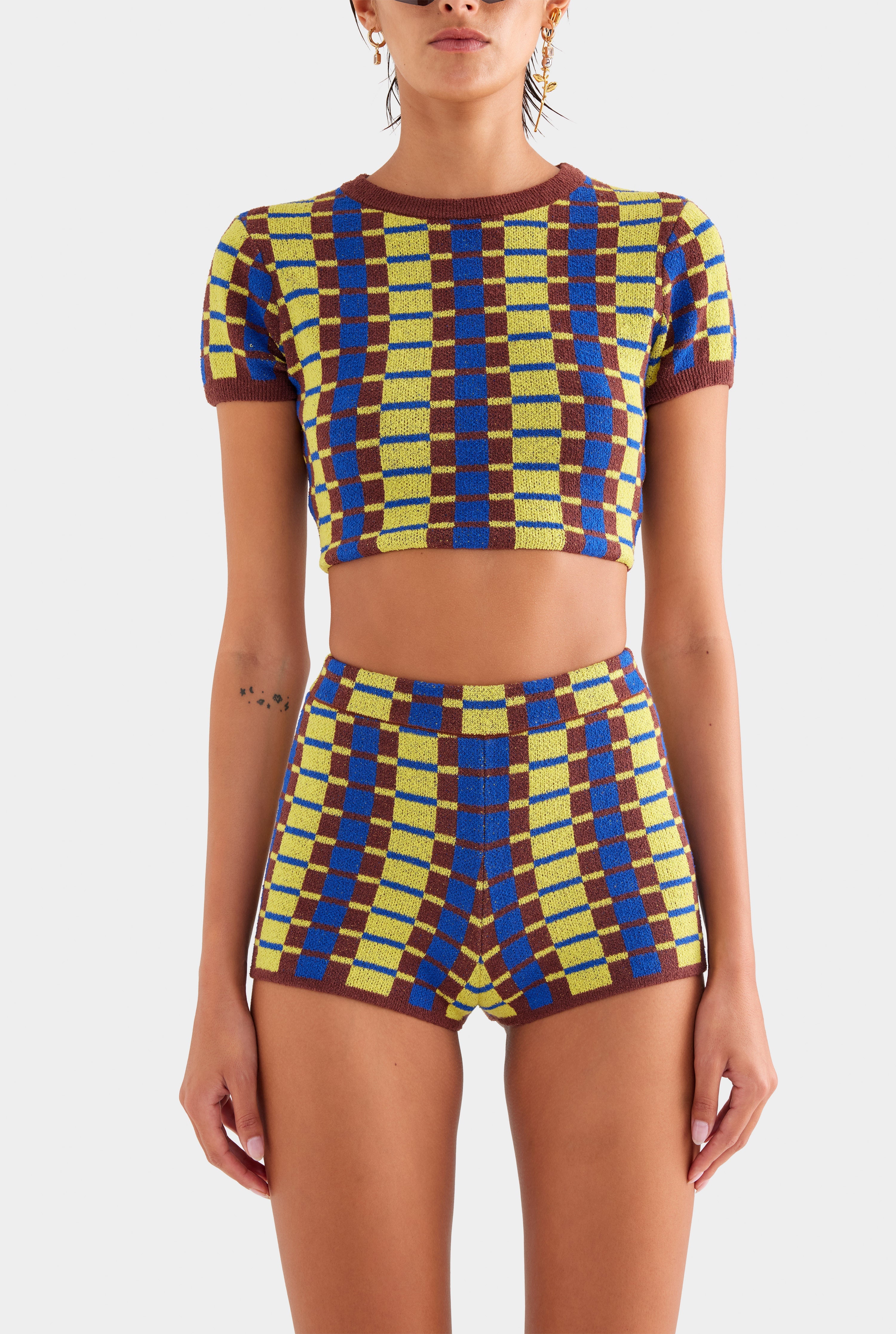 Terry Knit Cropped Tee - Dijon/Blue/Brown Geo Check
