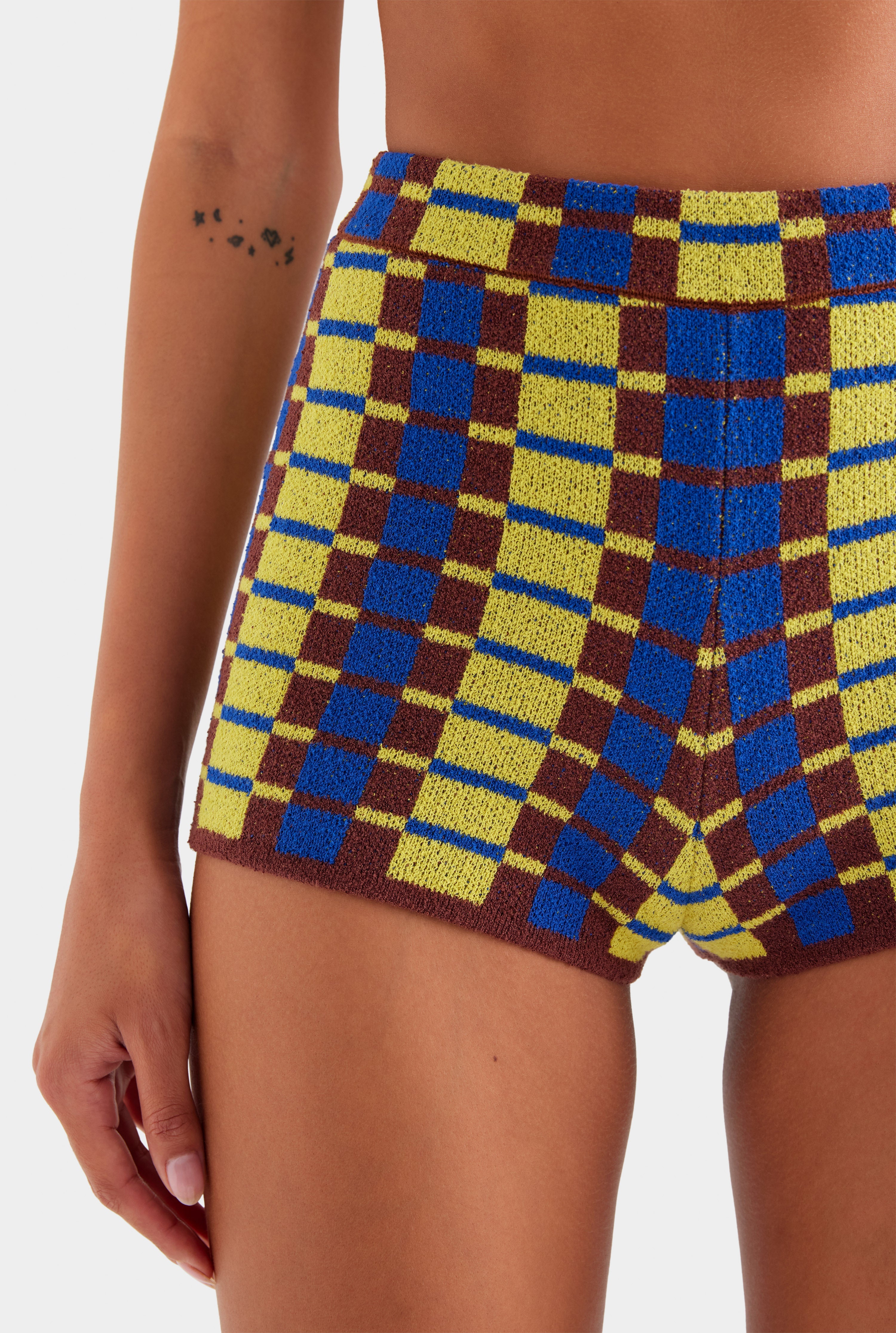 Terry Knit Short - Dijon/Blue/Brown Geo Check