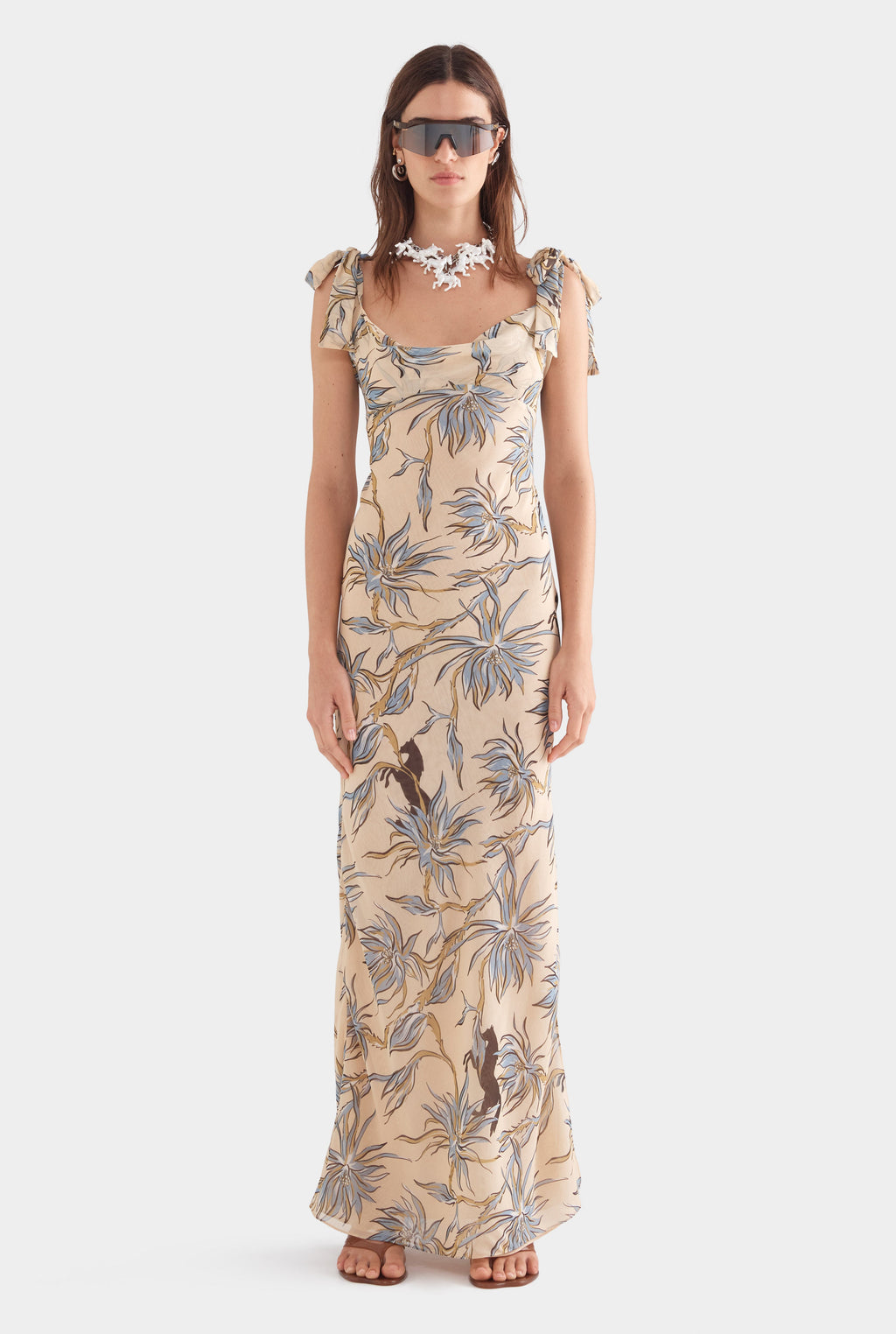 Tie Shoulder Silk Maxi Dress - Beige Floral Horse Print