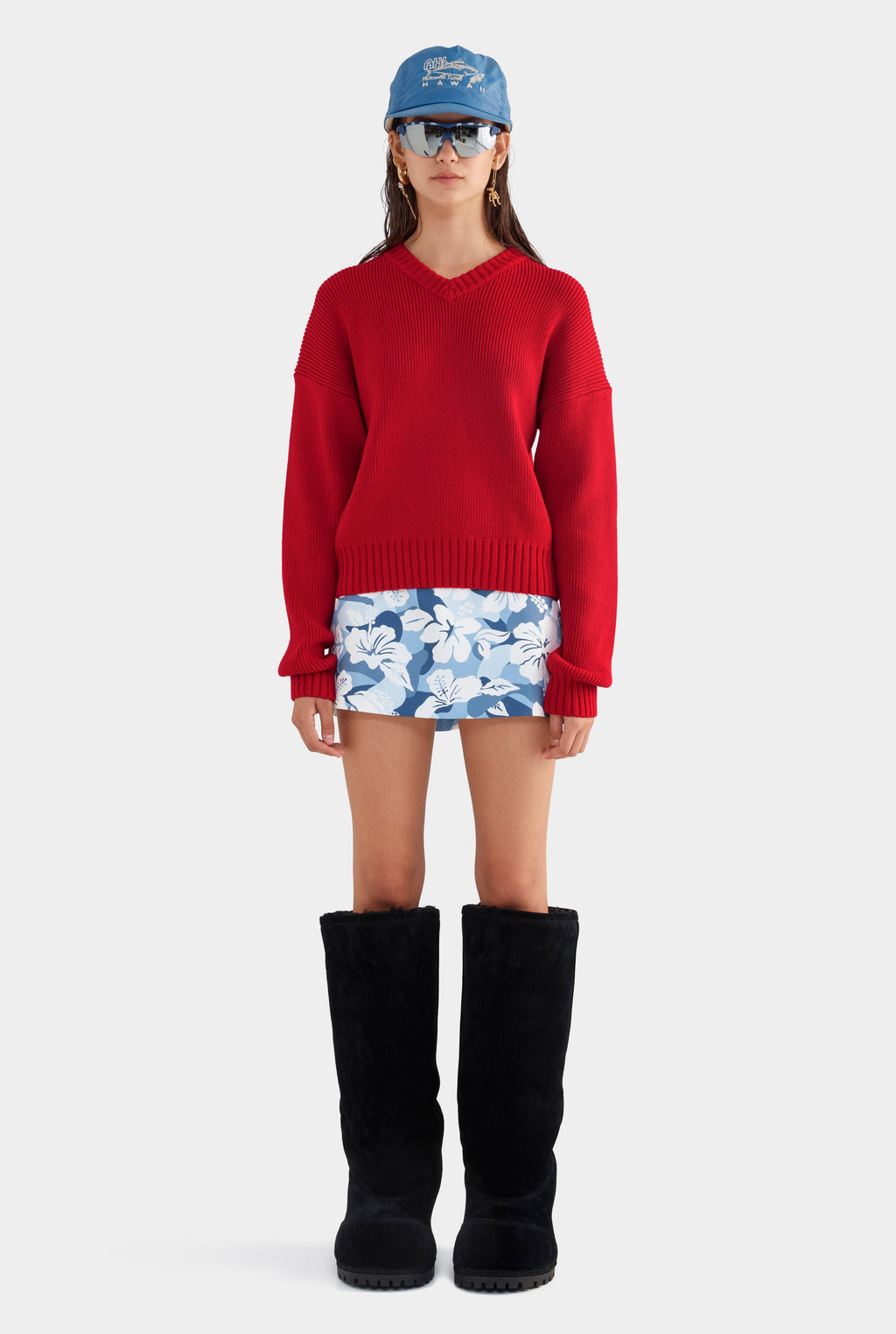 V Neck Cotton Knit Sweater - Red