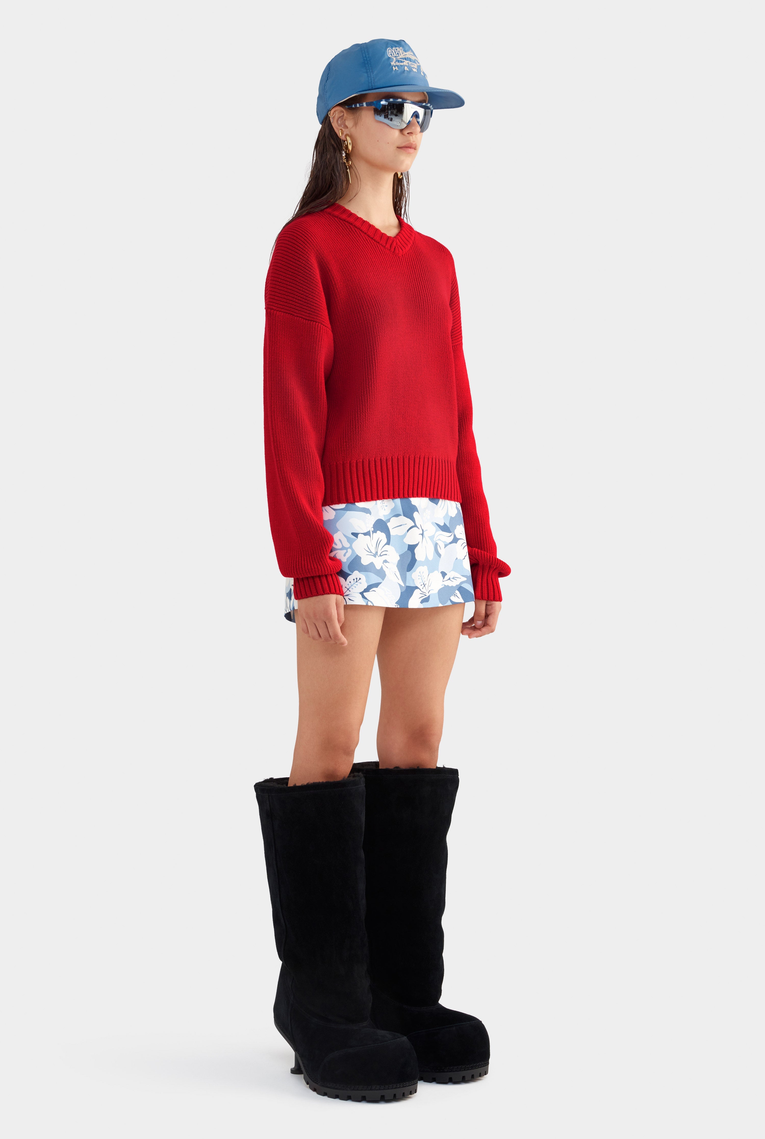 V Neck Cotton Knit Sweater - Red