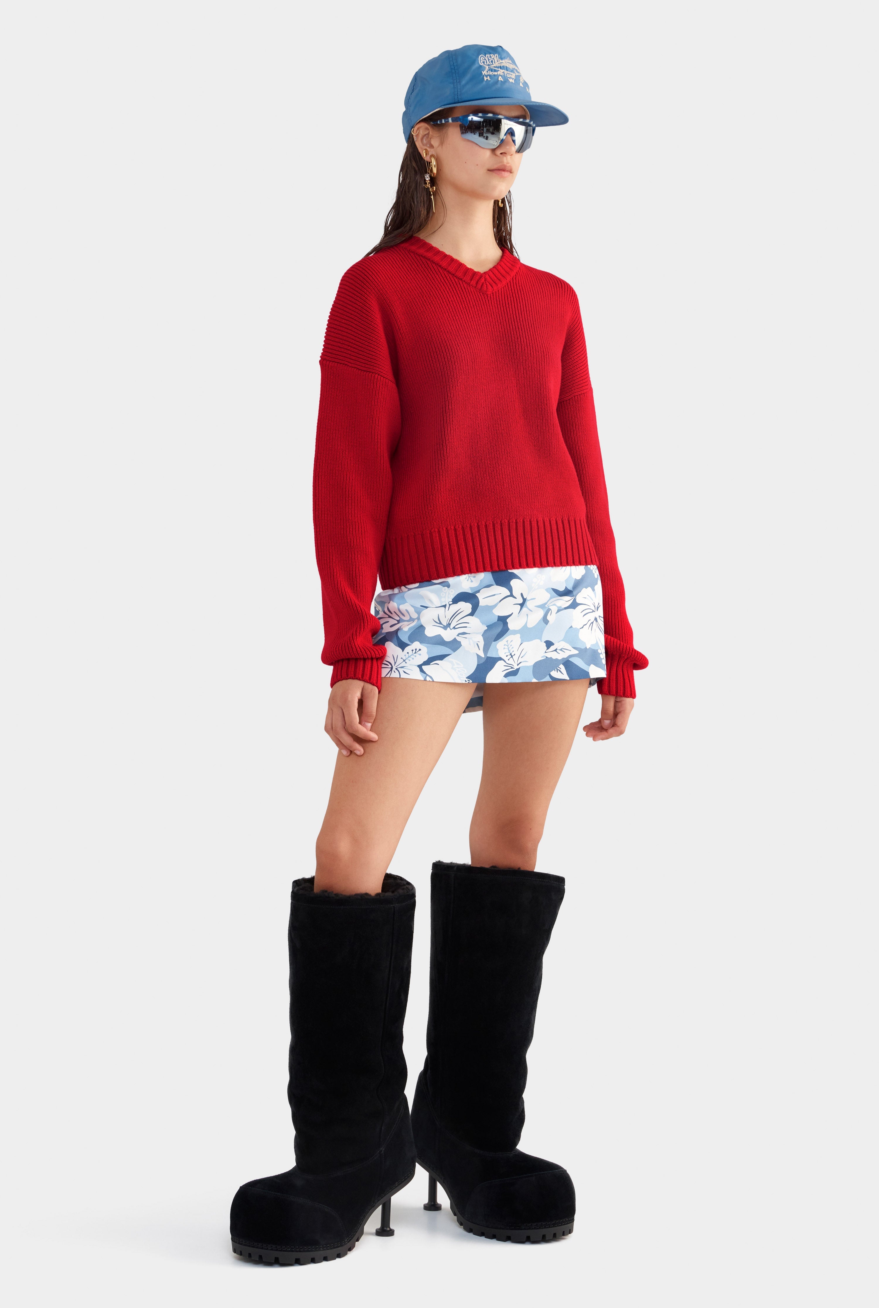 V Neck Cotton Knit Sweater - Red