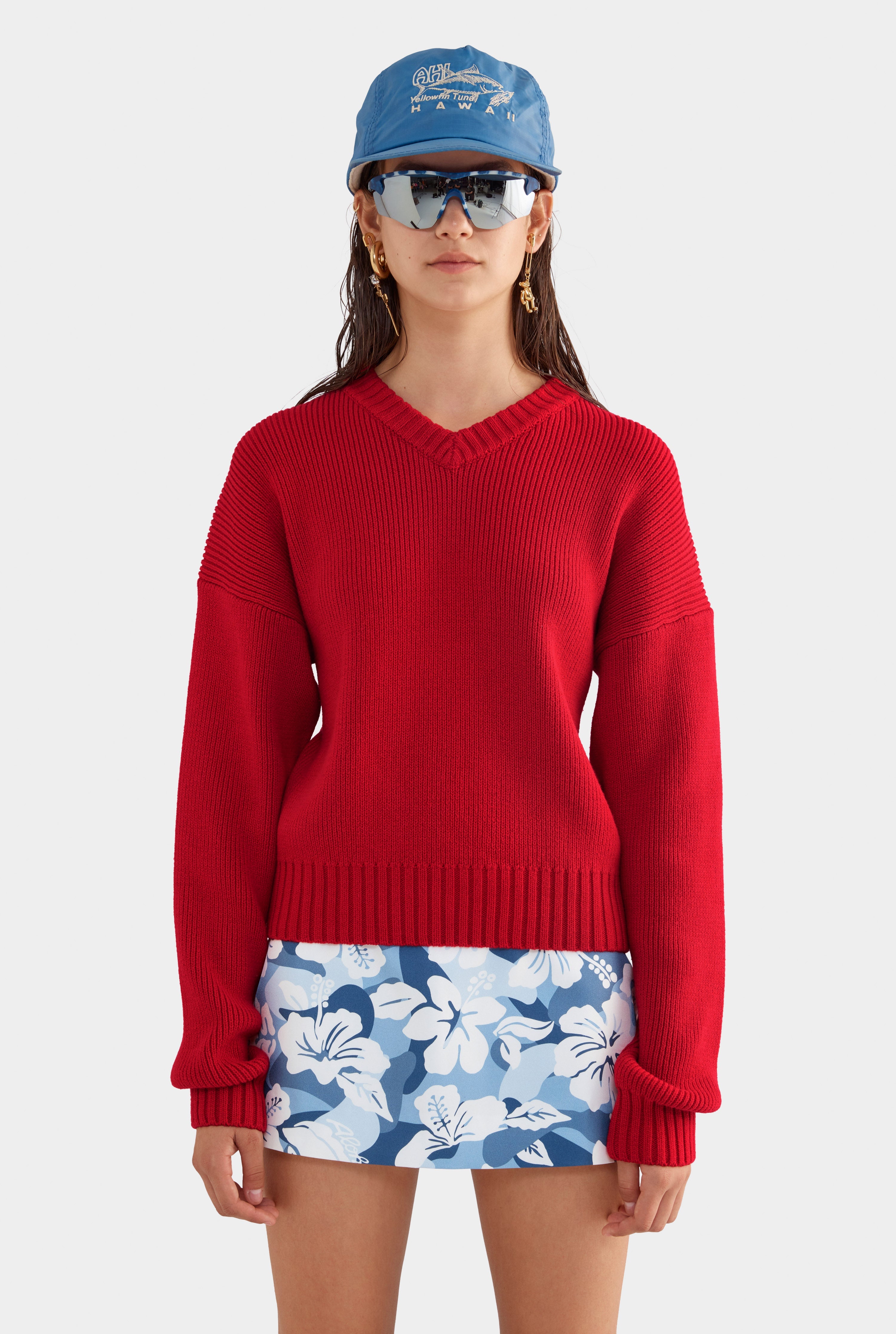 V Neck Cotton Knit Sweater - Red