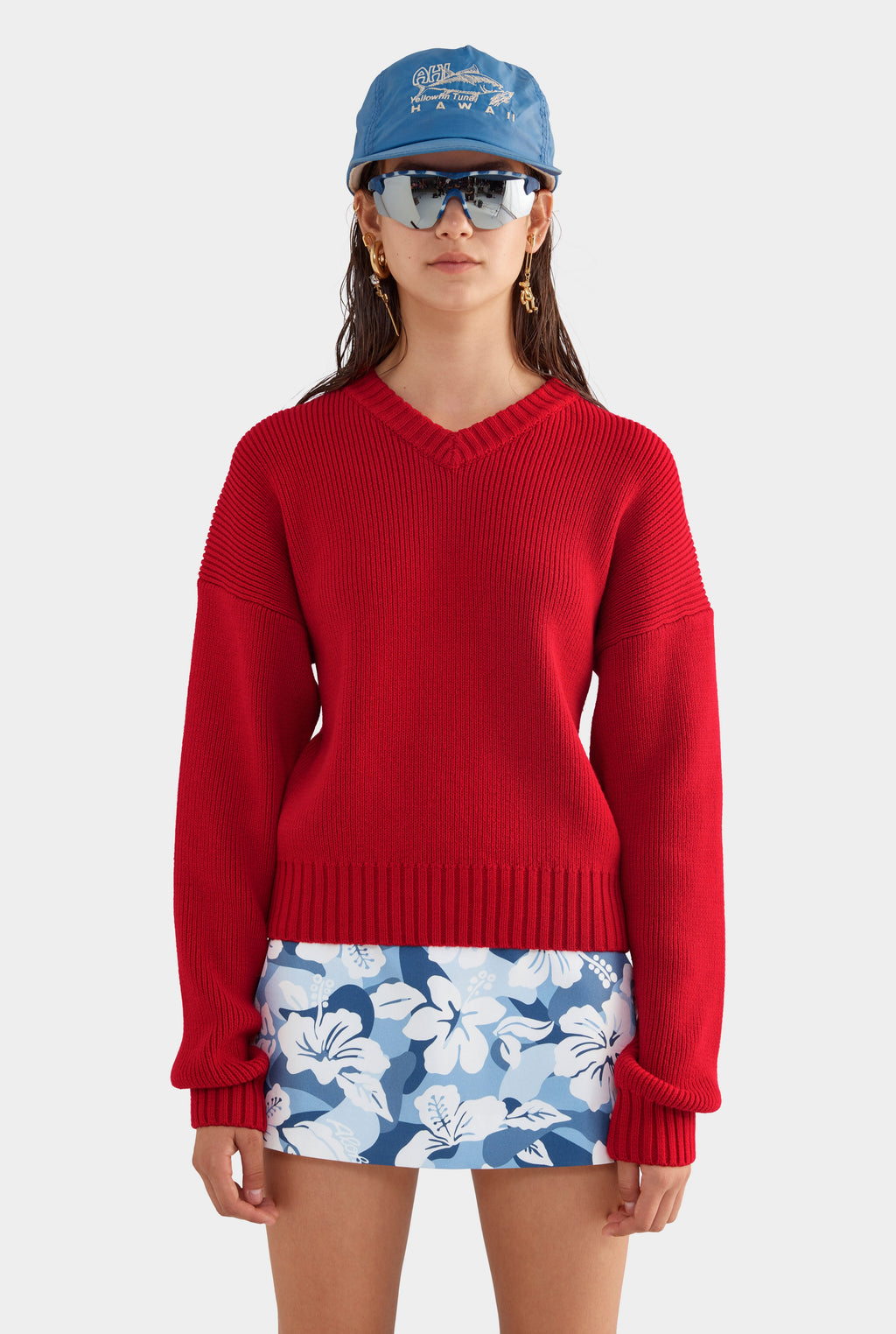 V Neck Cotton Knit Sweater - Red