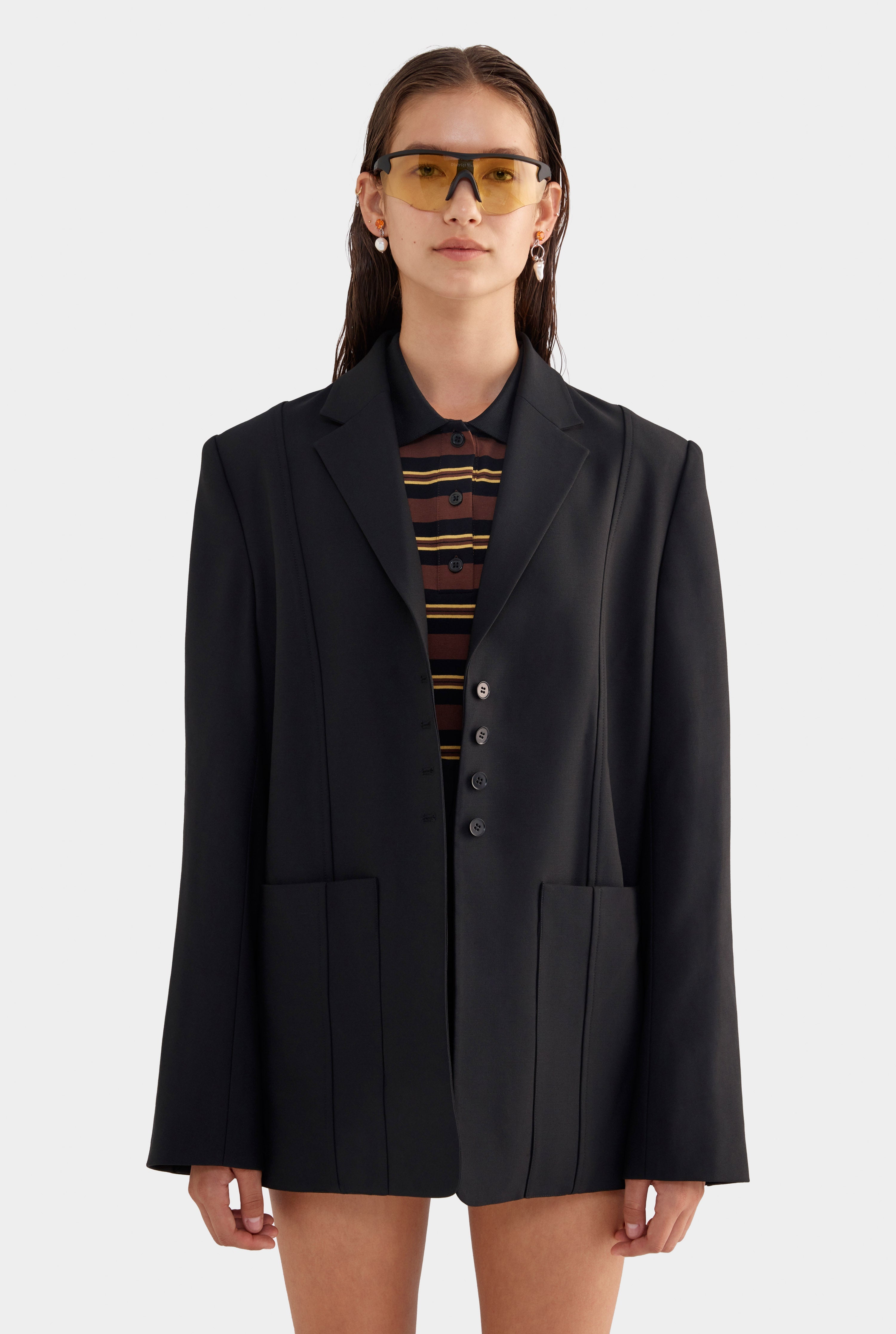 Wool Pinstitch Blazer - Black