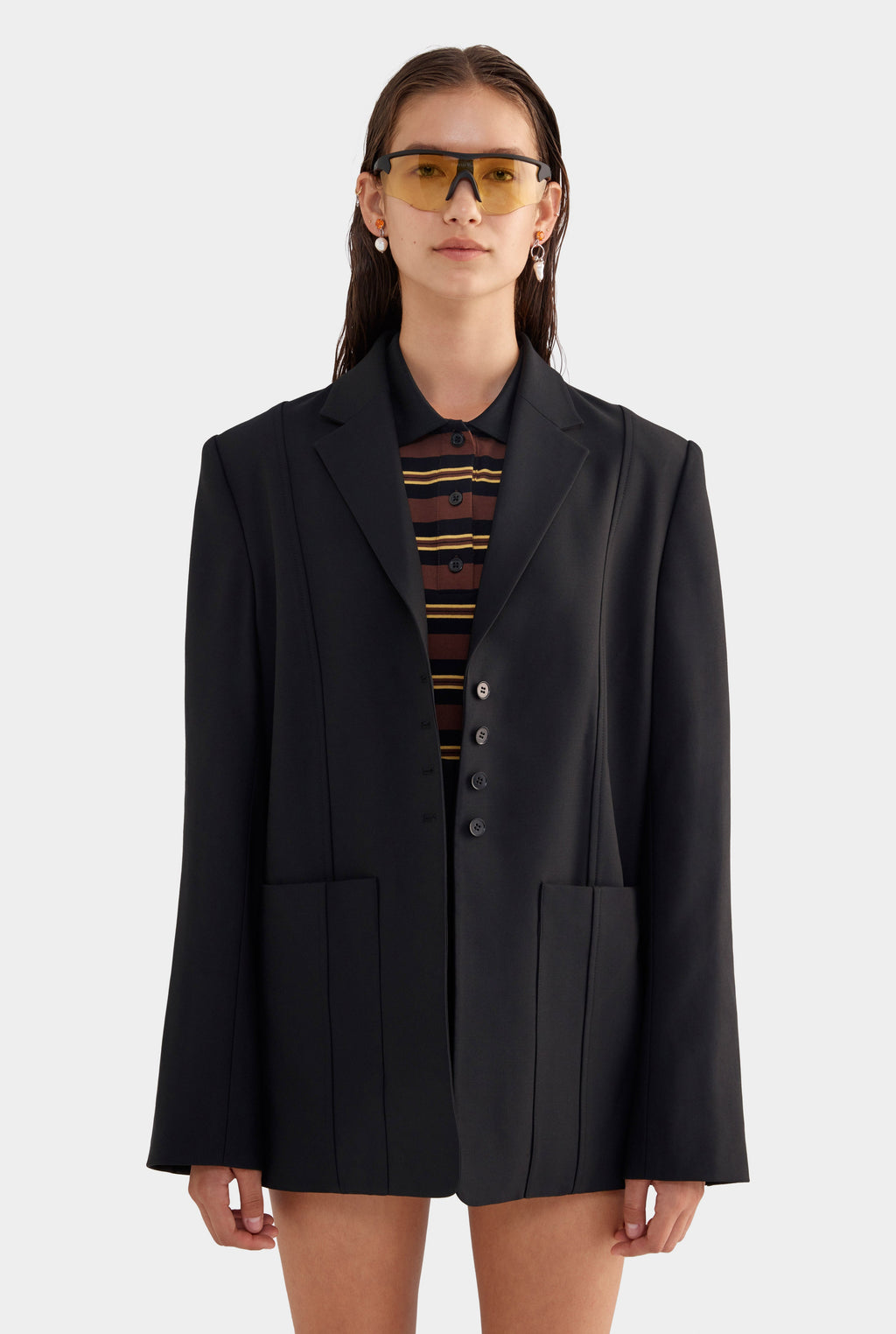 Wool Pinstitch Blazer - Black
