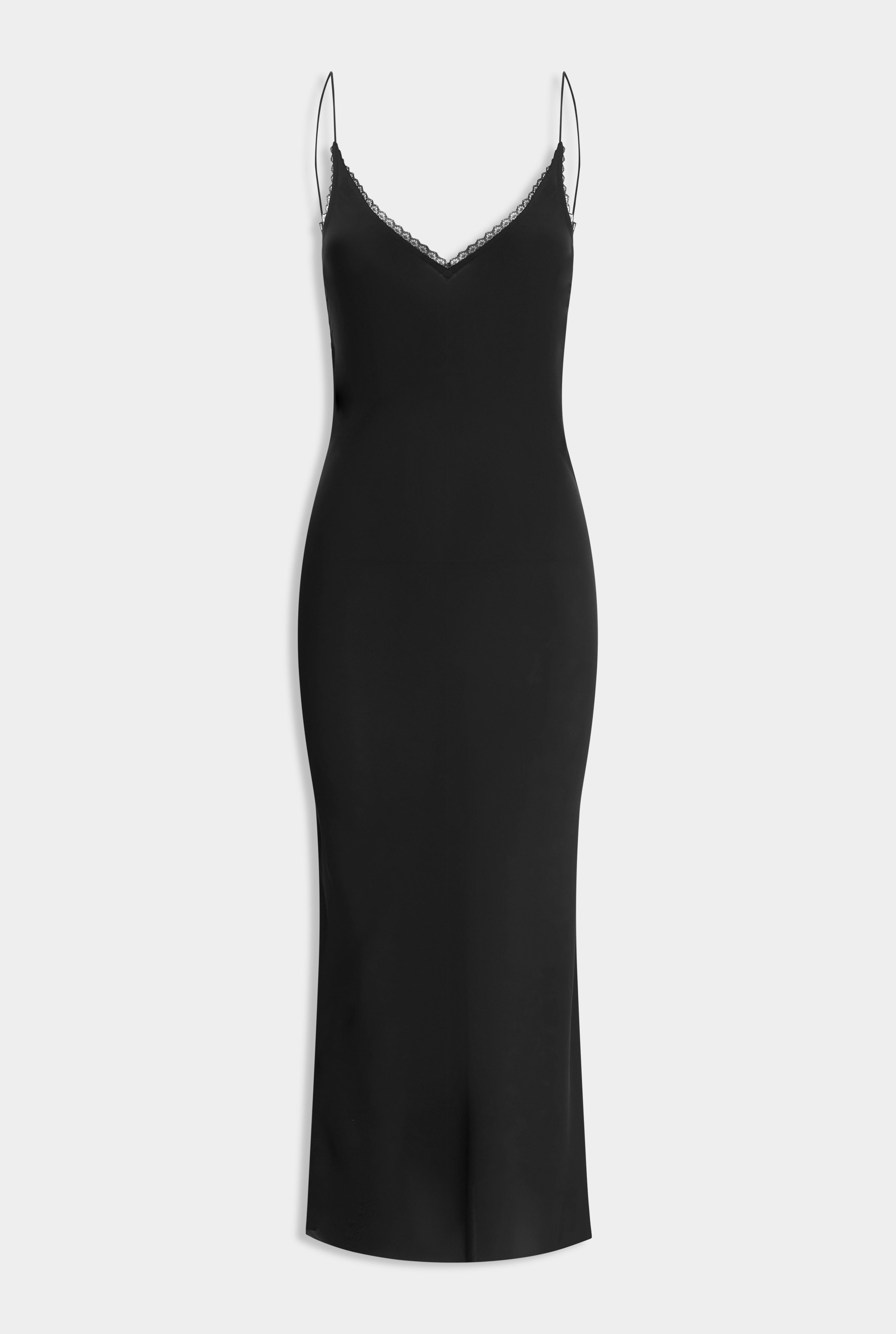 Lace Trim Silk Open Back Dress - Black