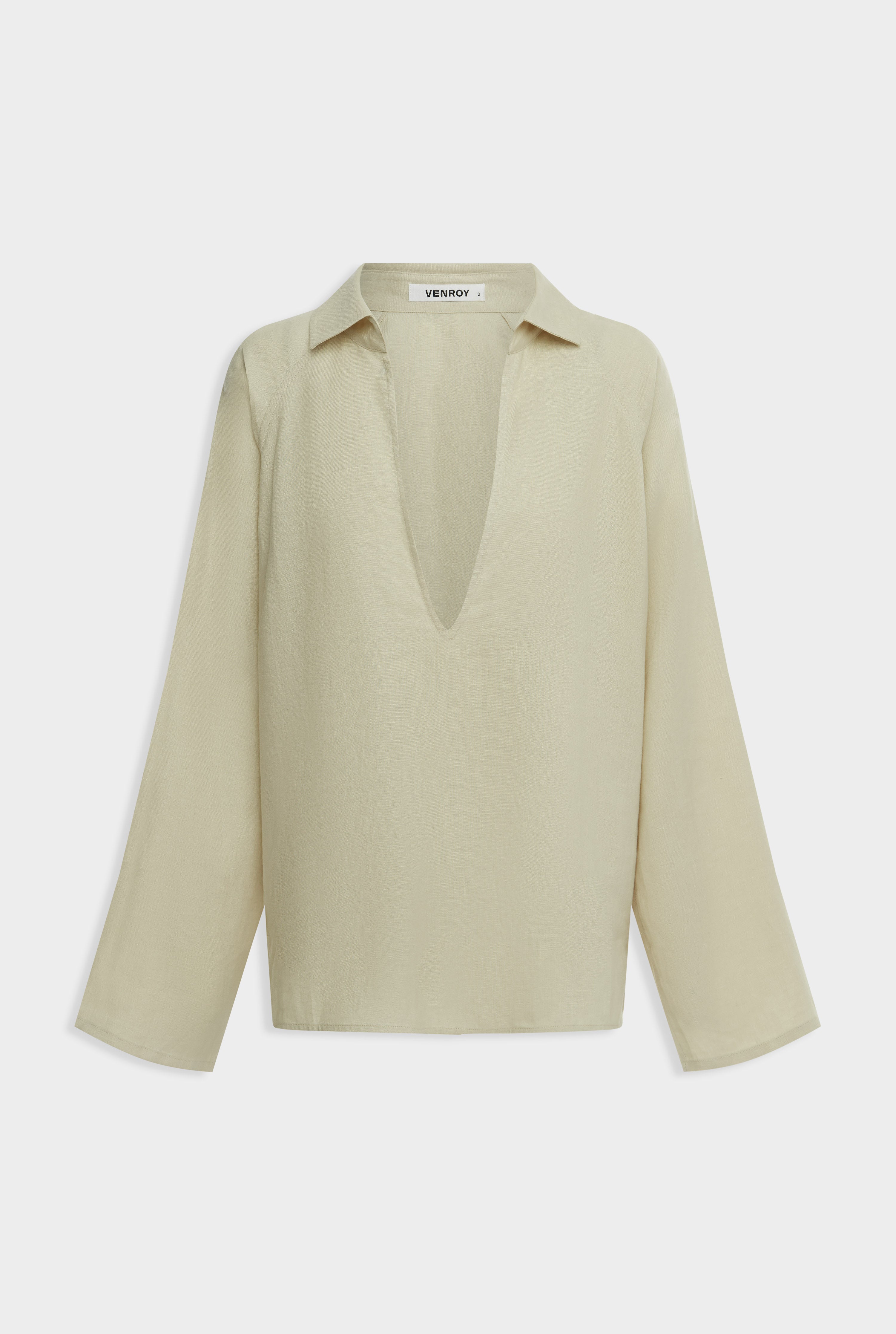 Embroidered Linen Plunge Neck Top - Pistachio Shell