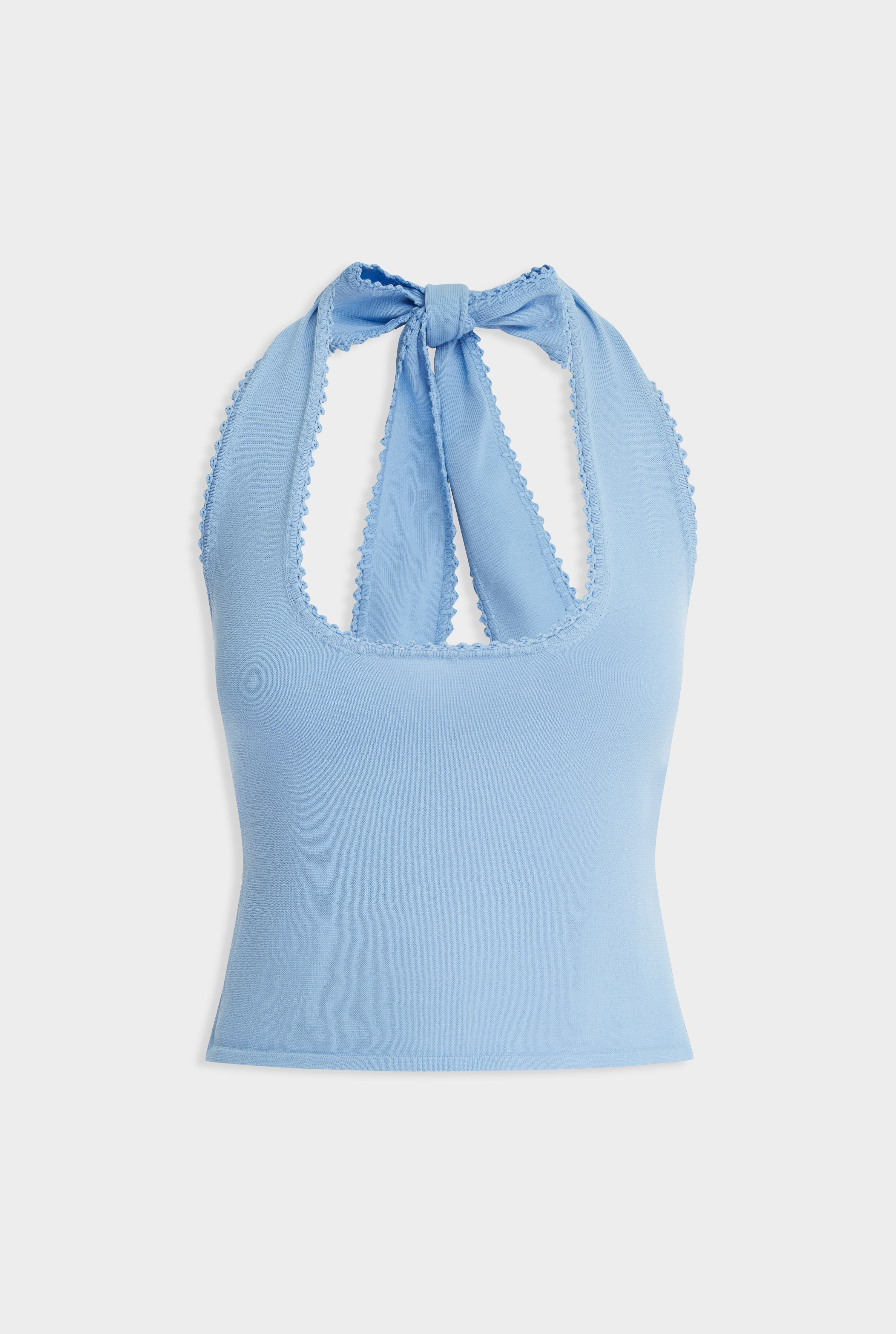 Crochet Trim Halter Neck Knit Top - Sky Blue