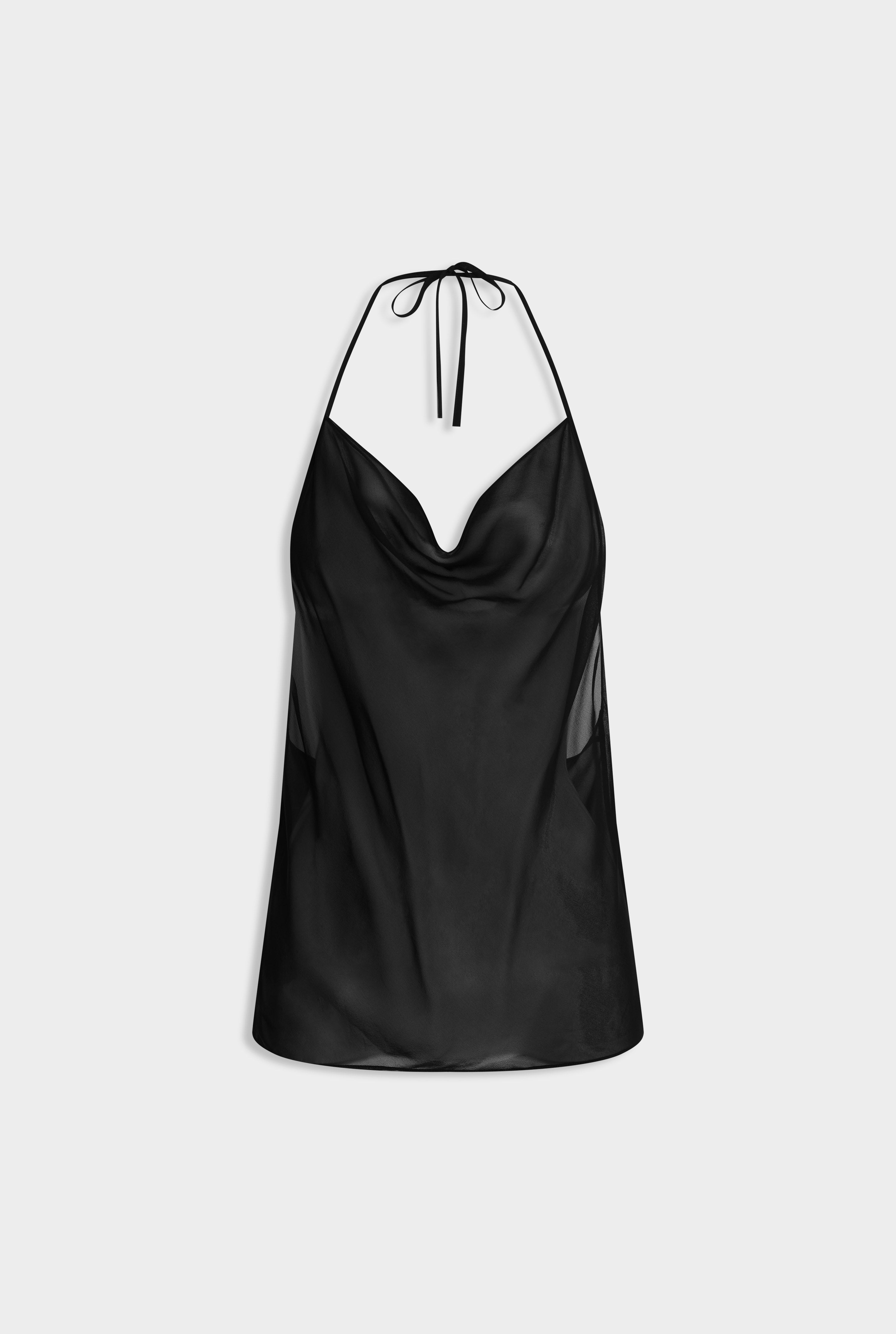 Sheer Silk Cowl Neck Halter Top - Black