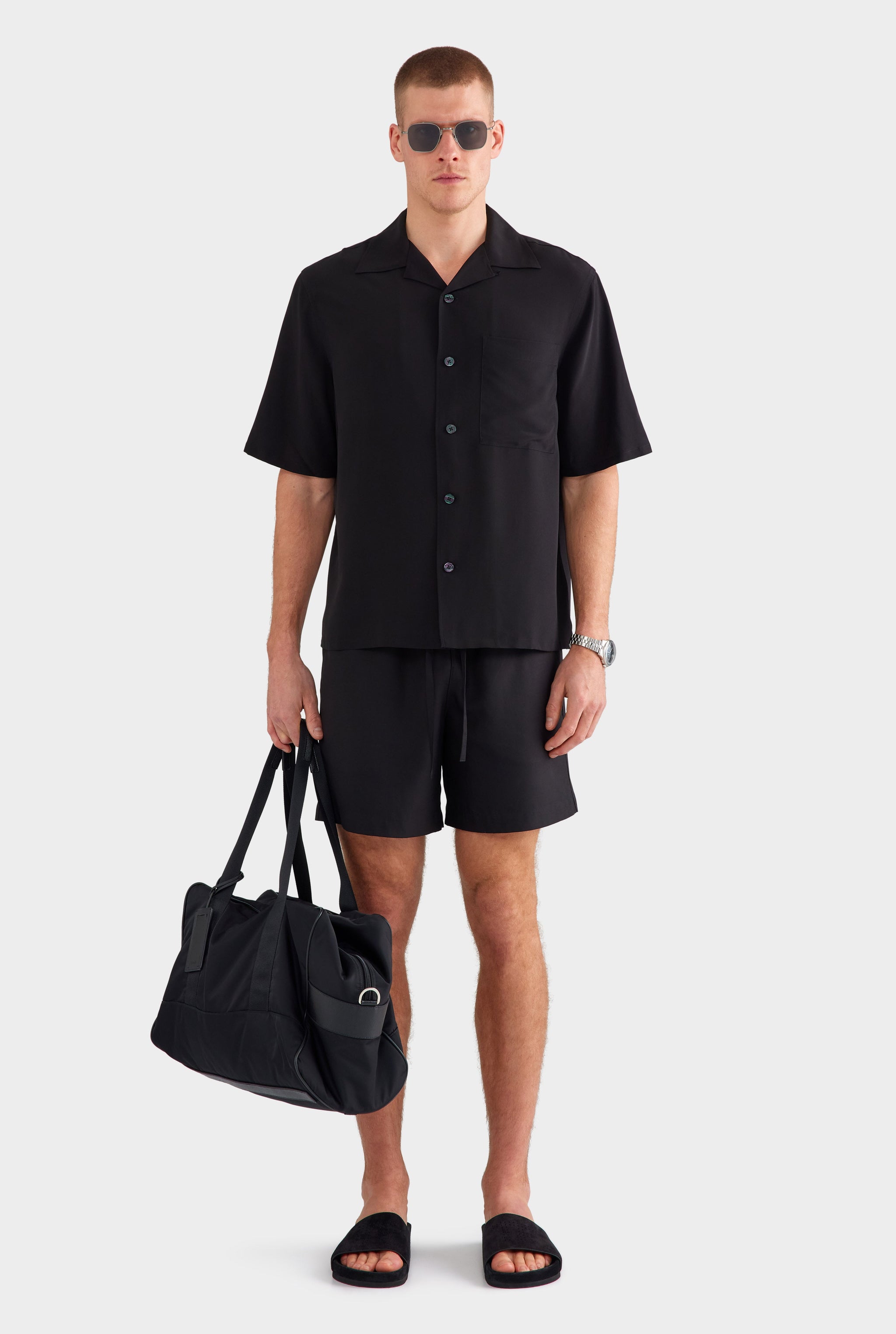 Short Sleeve Silk Camp Collar Shirt - Black