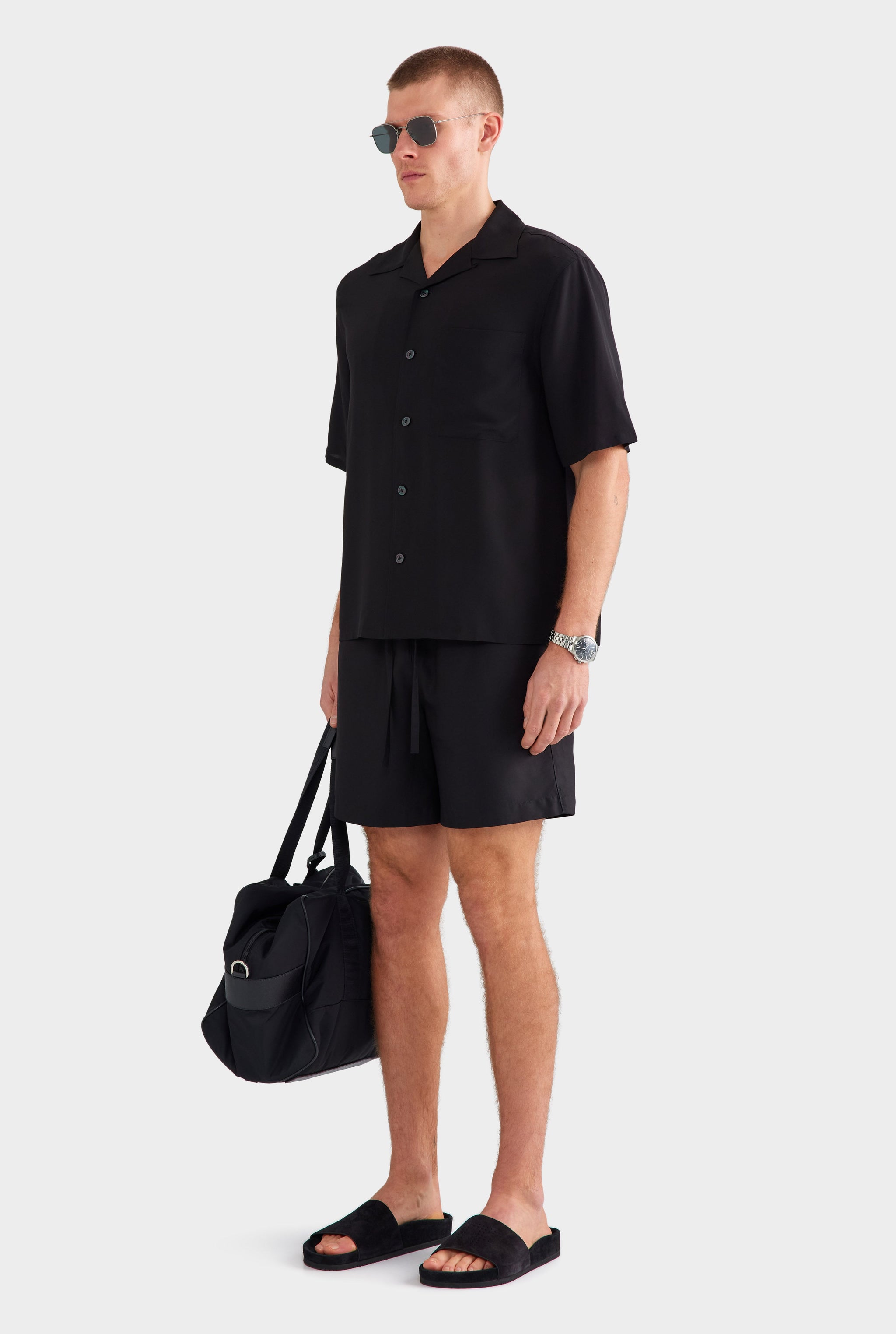 Short Sleeve Silk Camp Collar Shirt - Black