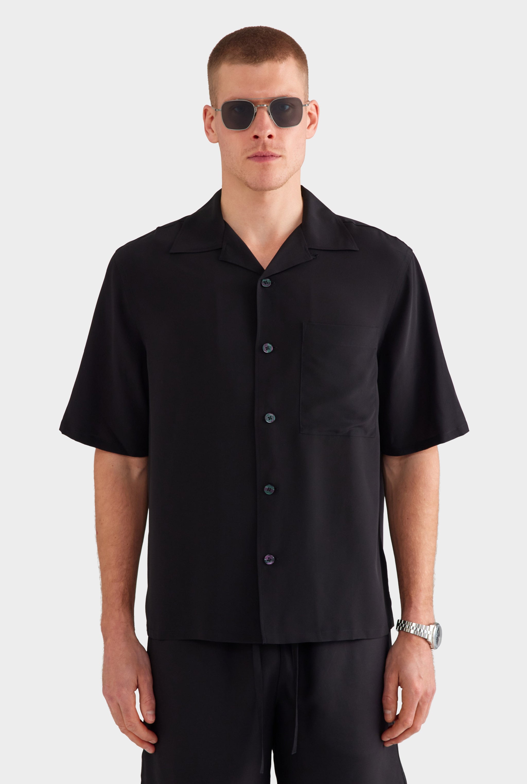 Short Sleeve Silk Camp Collar Shirt - Black