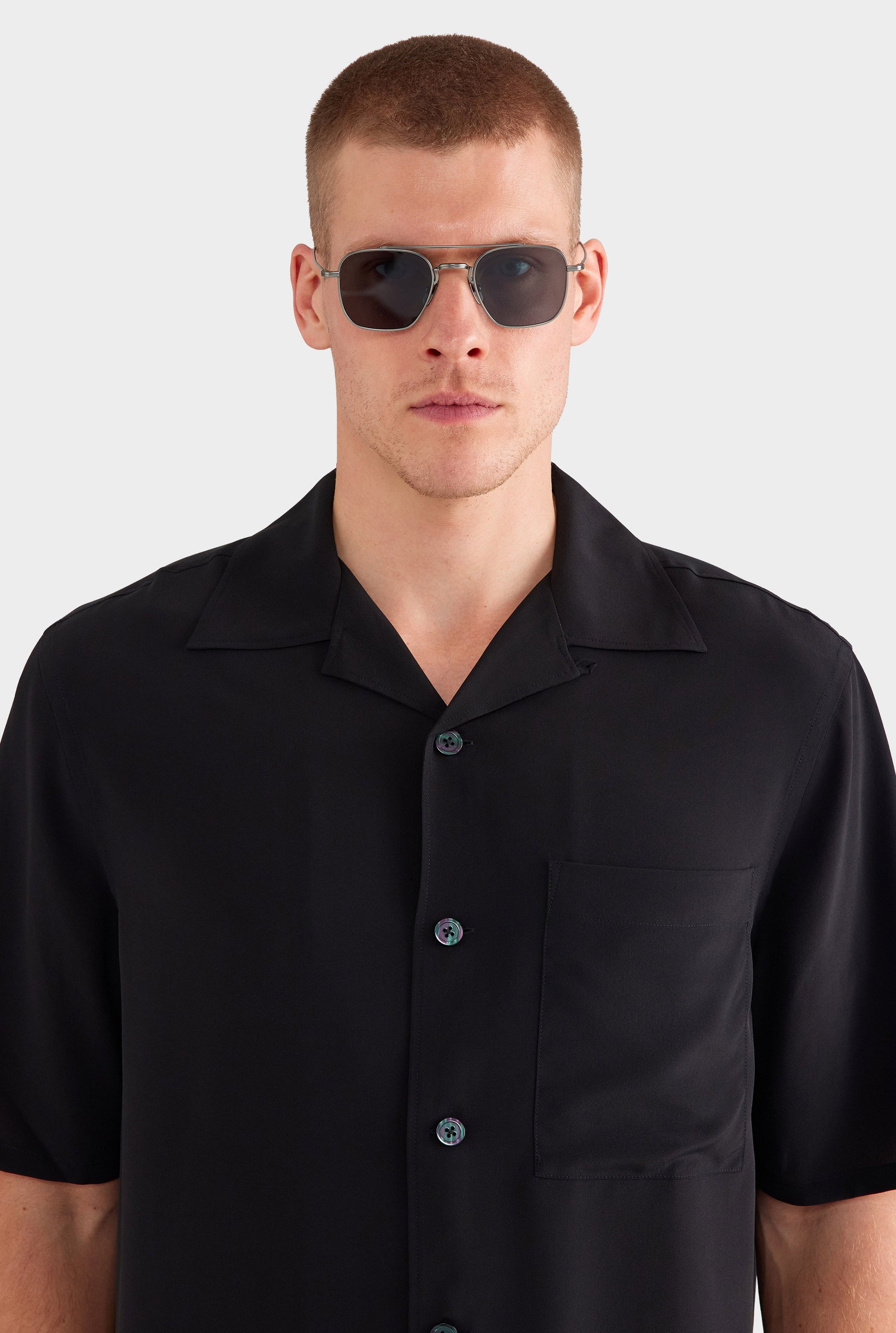 Short Sleeve Silk Camp Collar Shirt - Black