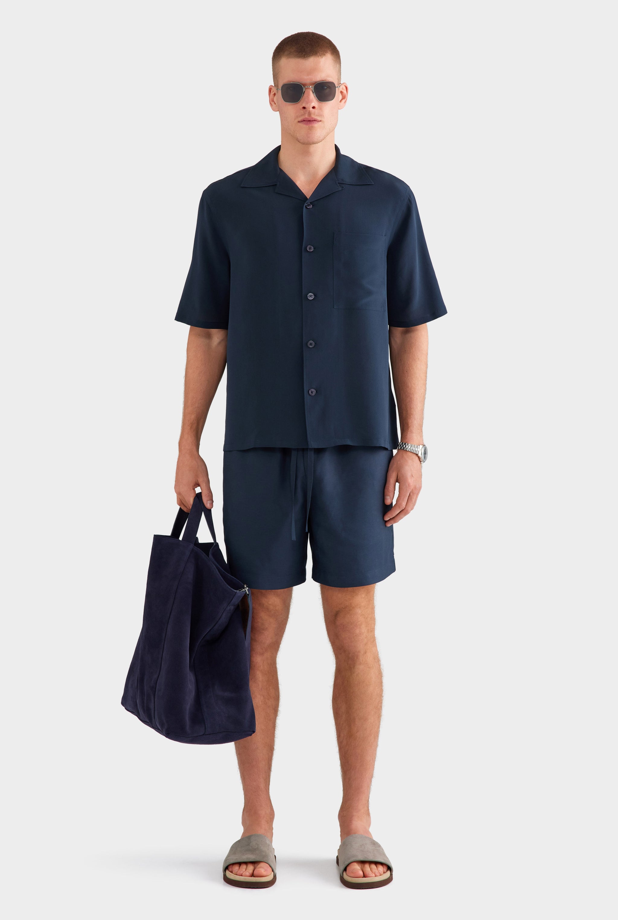 Short Sleeve Silk Camp Collar Shirt - Navy