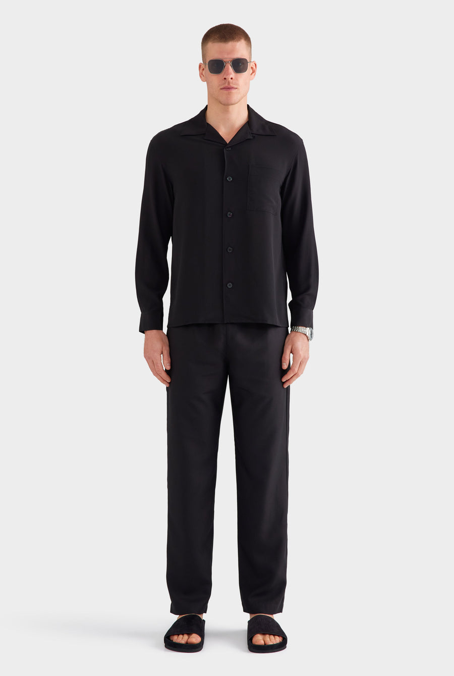 Long Sleeve Silk Camp Collar Shirt - Black