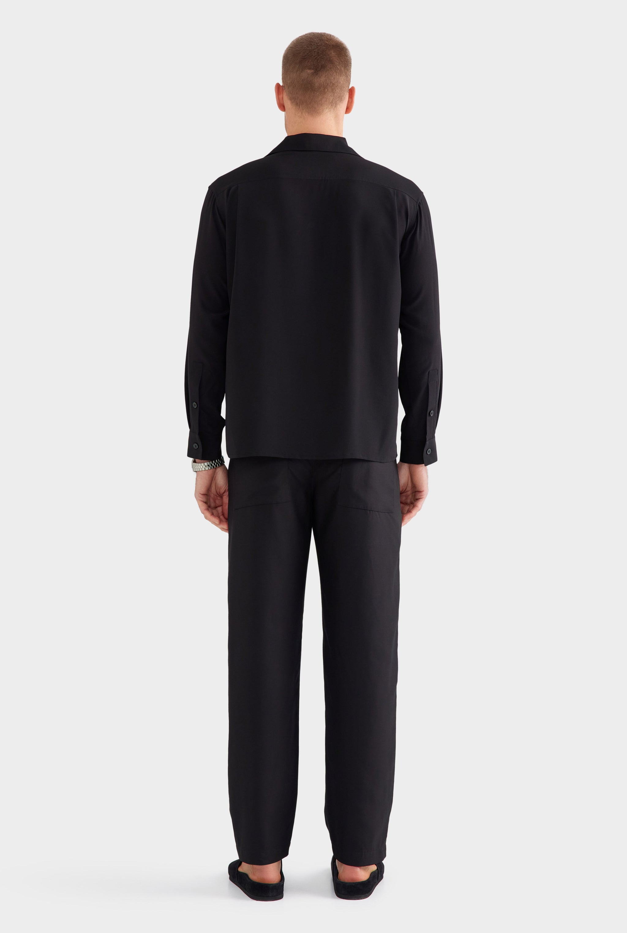Long Sleeve Silk Camp Collar Shirt - Black