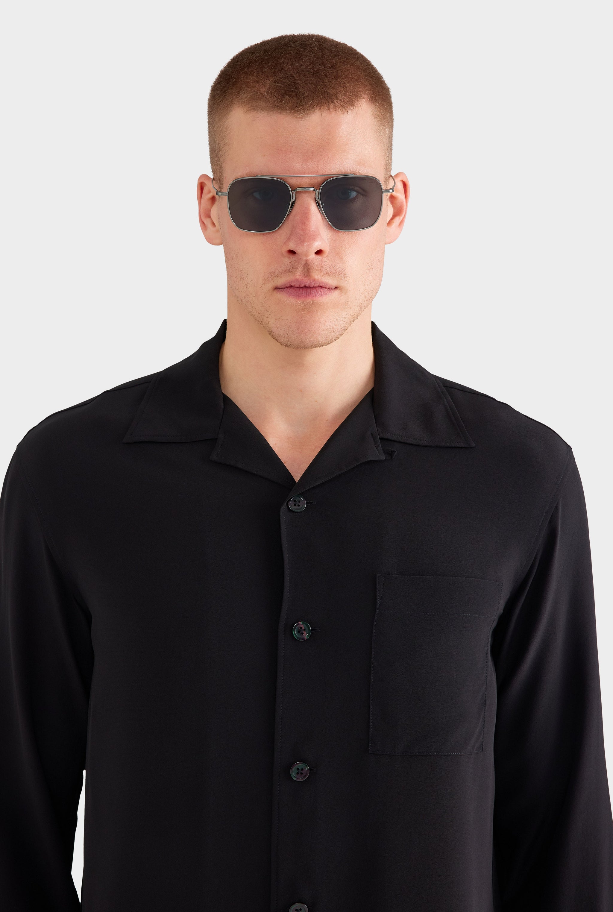 Long Sleeve Silk Camp Collar Shirt - Black