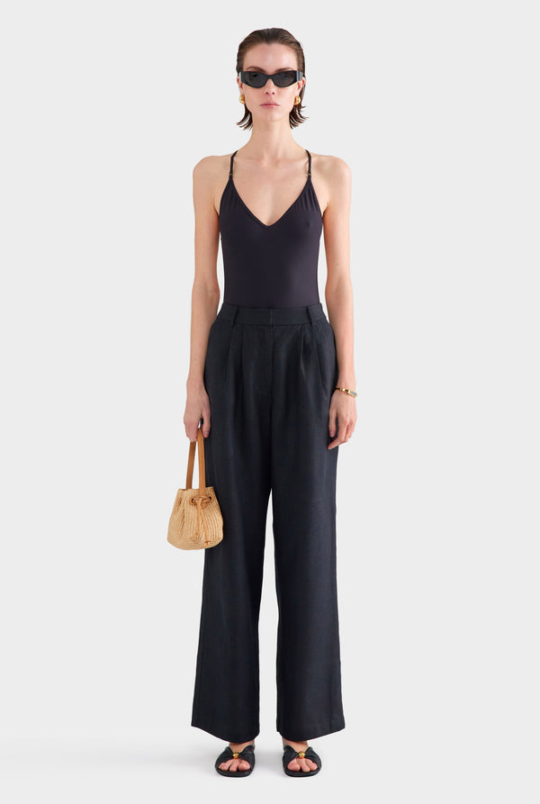 Fixed Waist Linen Trouser - Black
