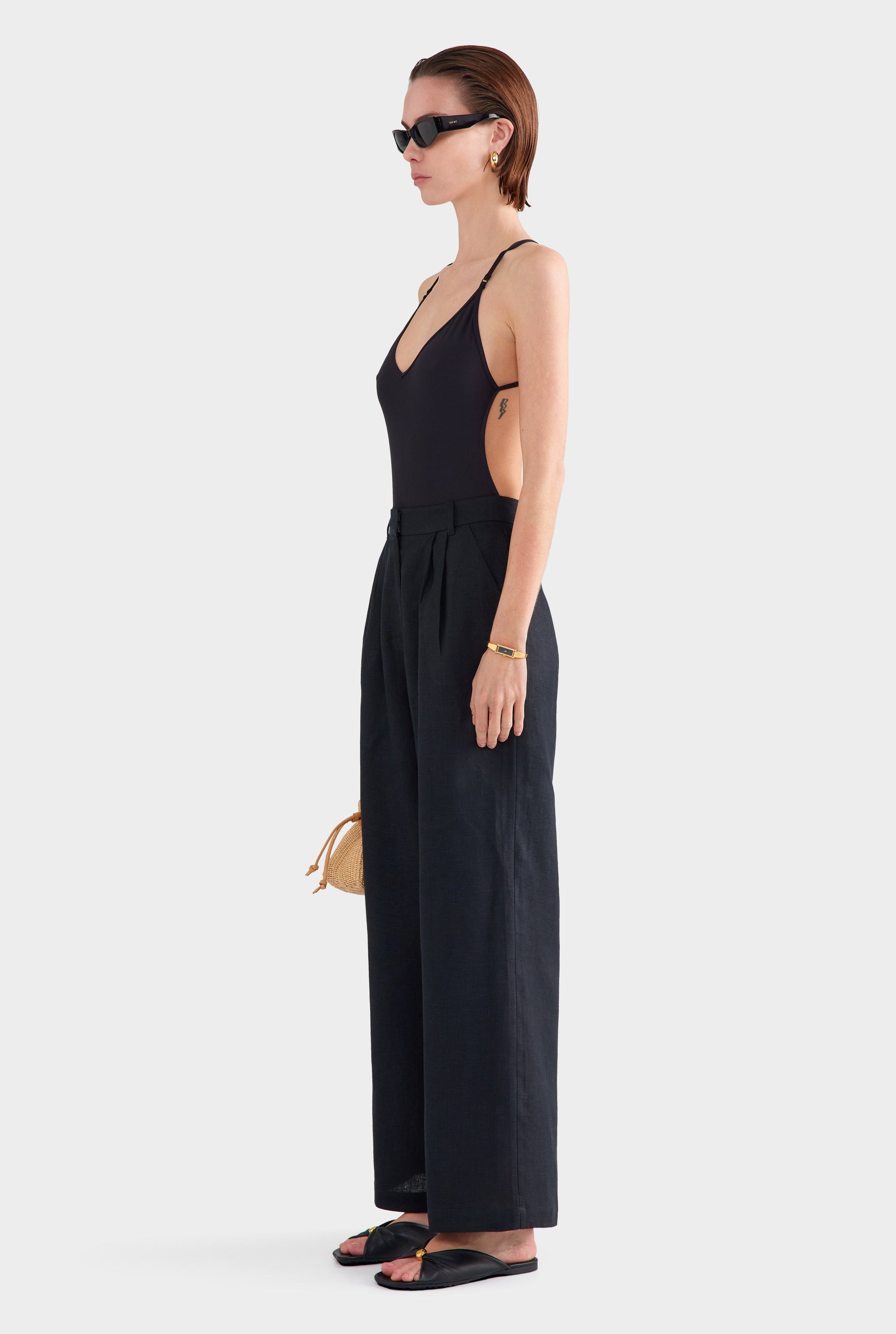 Fixed Waist Linen Trouser - Black