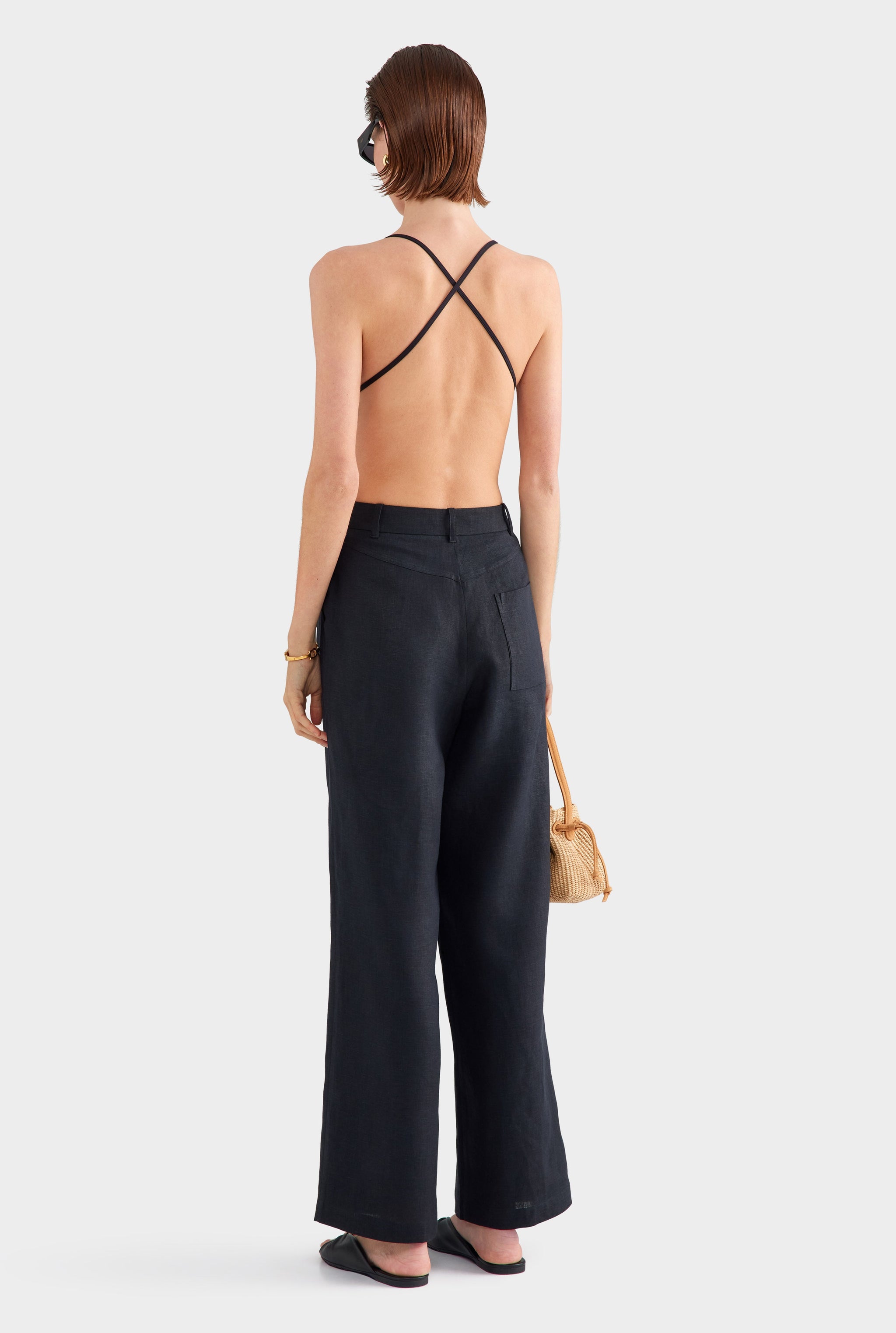 Fixed Waist Linen Trouser - Black