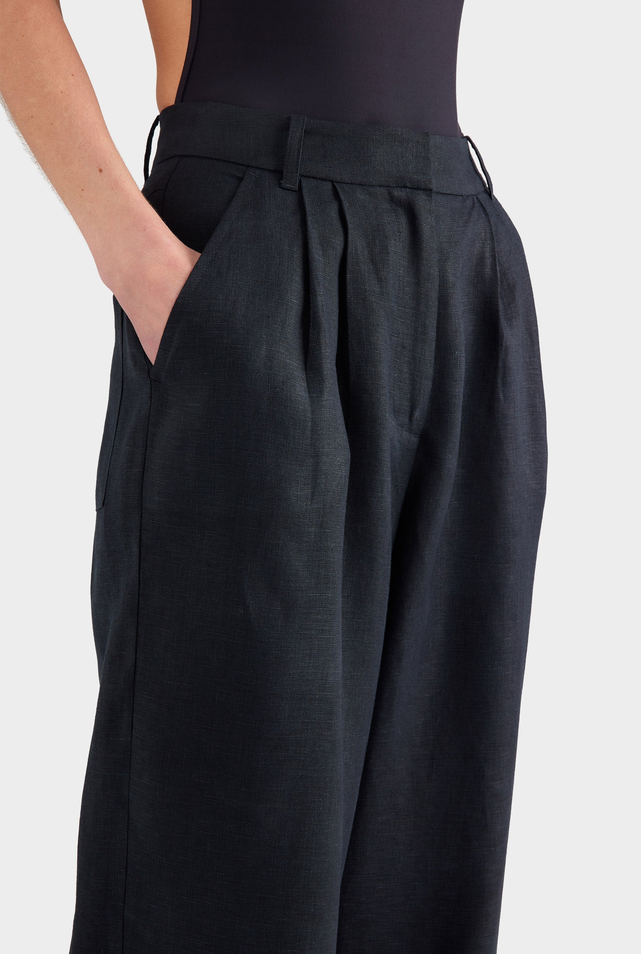 Fixed Waist Linen Trouser - Black