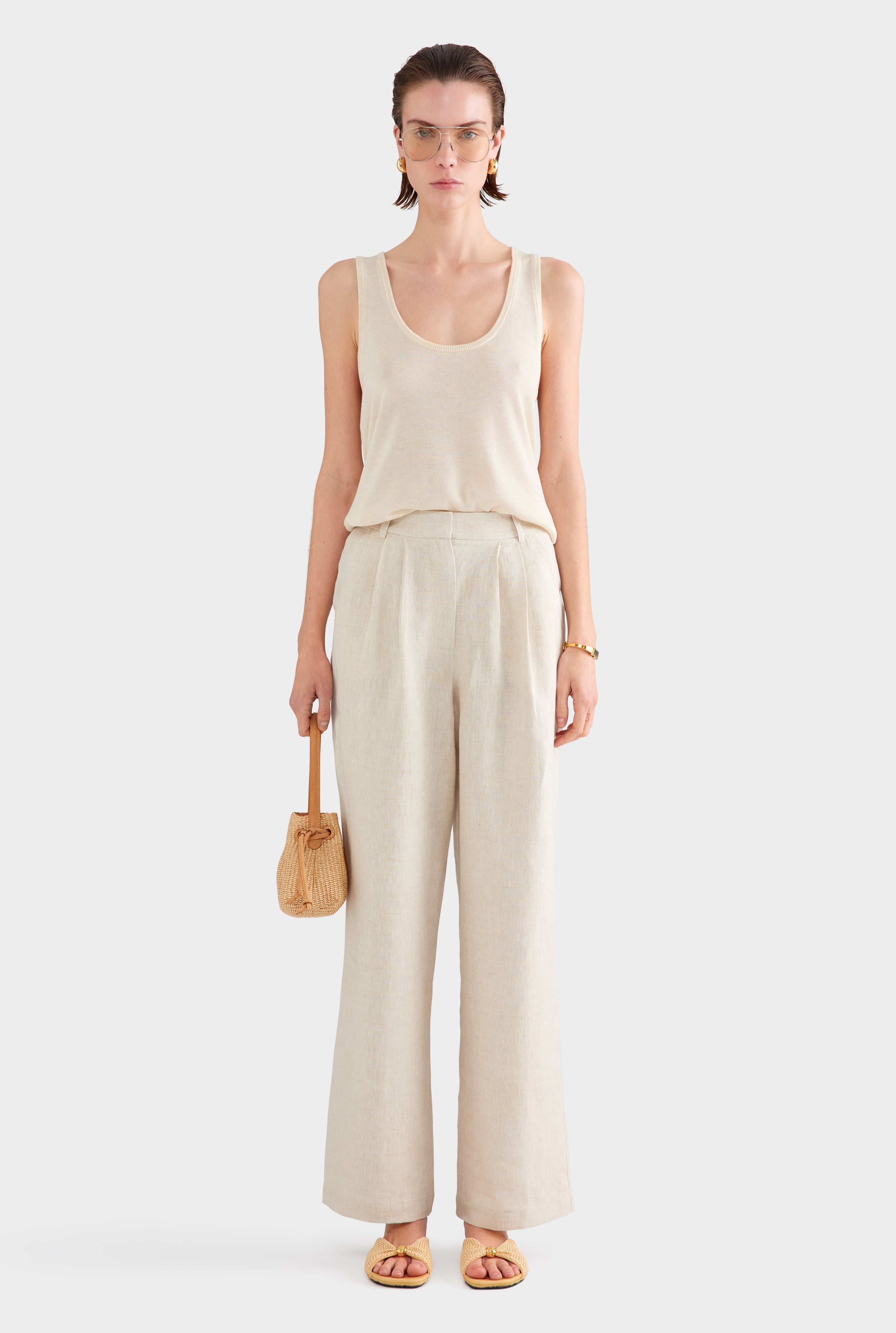 Fixed Waist Linen Trouser - Sand