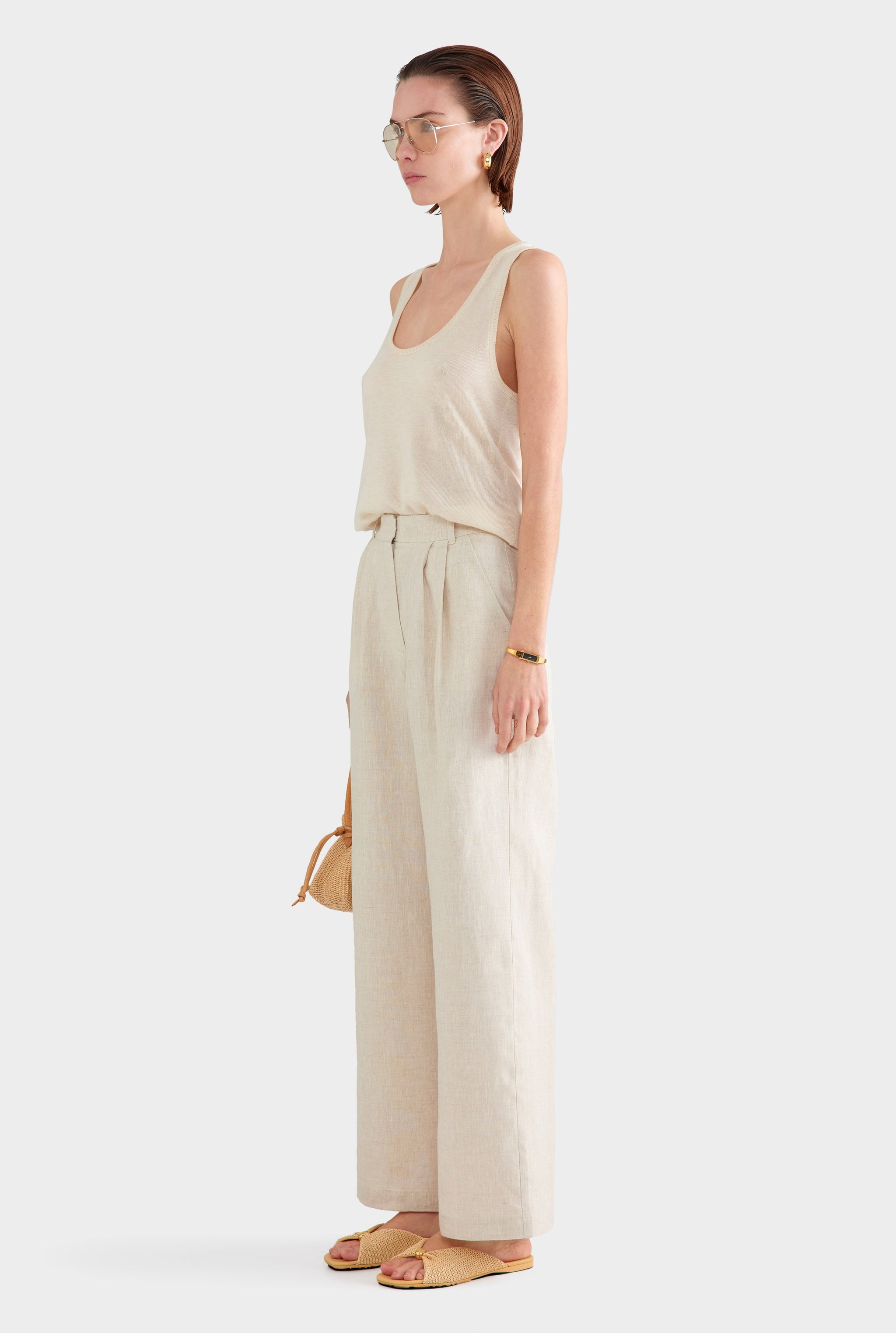 Fixed Waist Linen Trouser - Sand