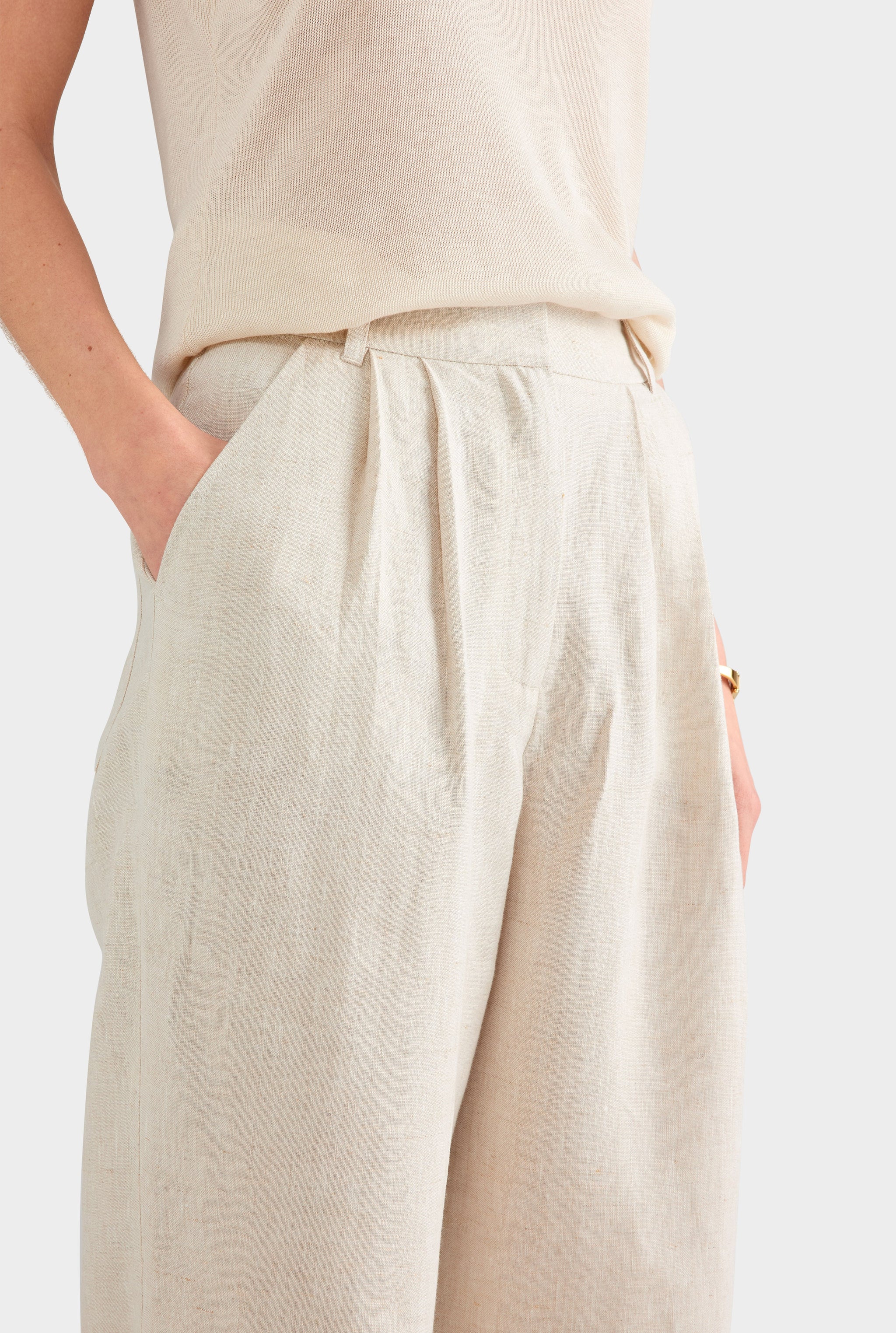 Fixed Waist Linen Trouser - Sand