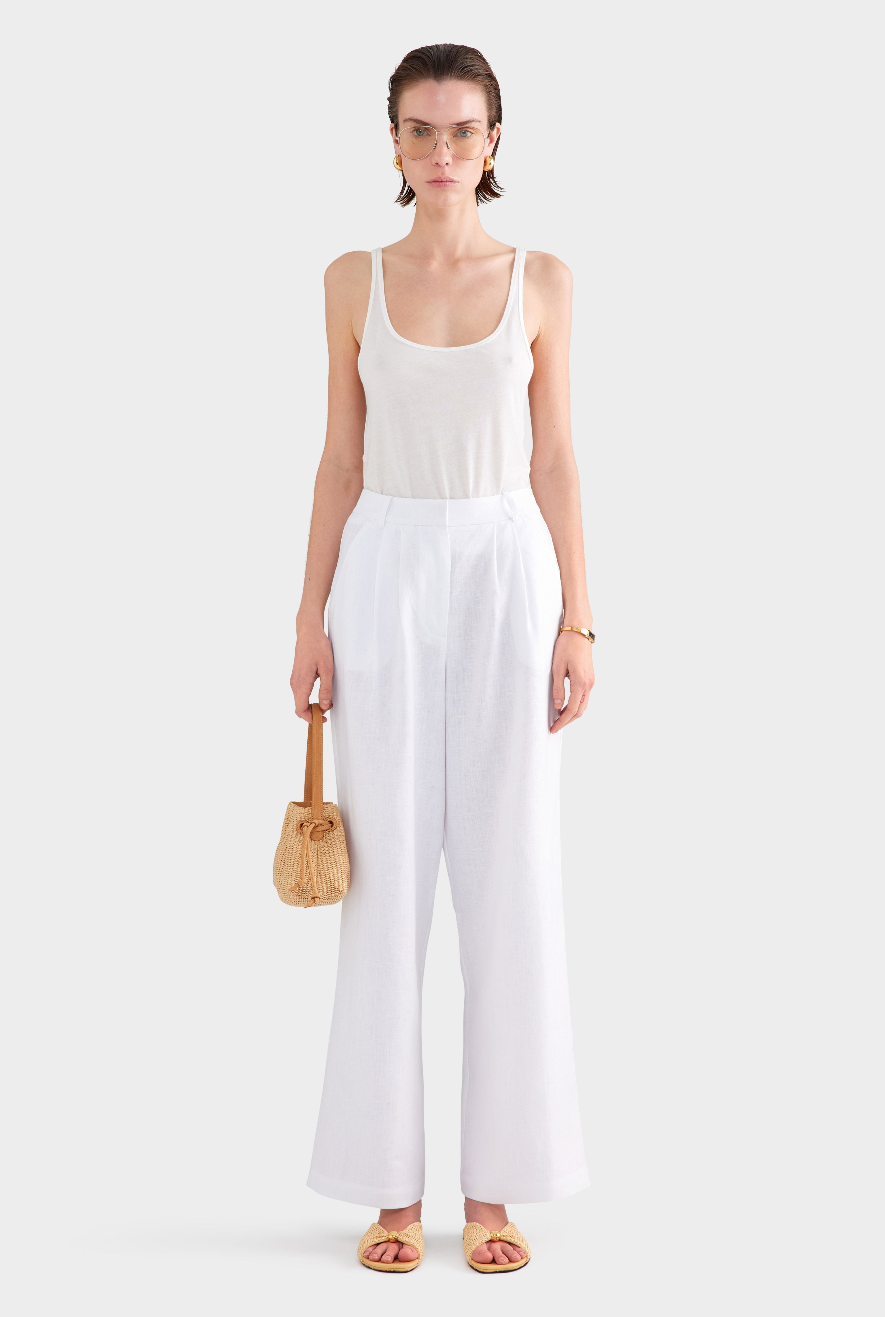 Fixed Waist Linen Trouser - White