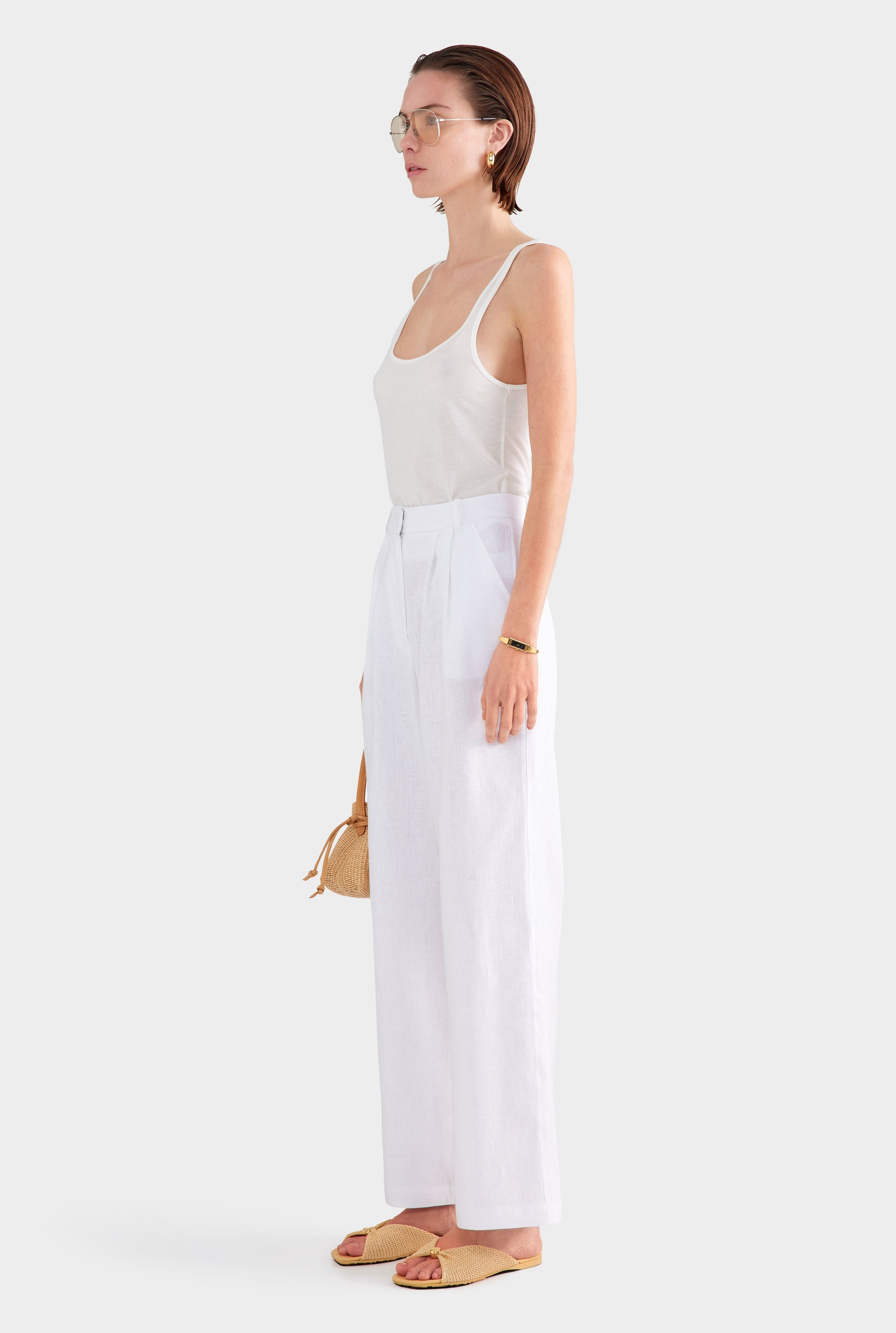 Fixed Waist Linen Trouser - White