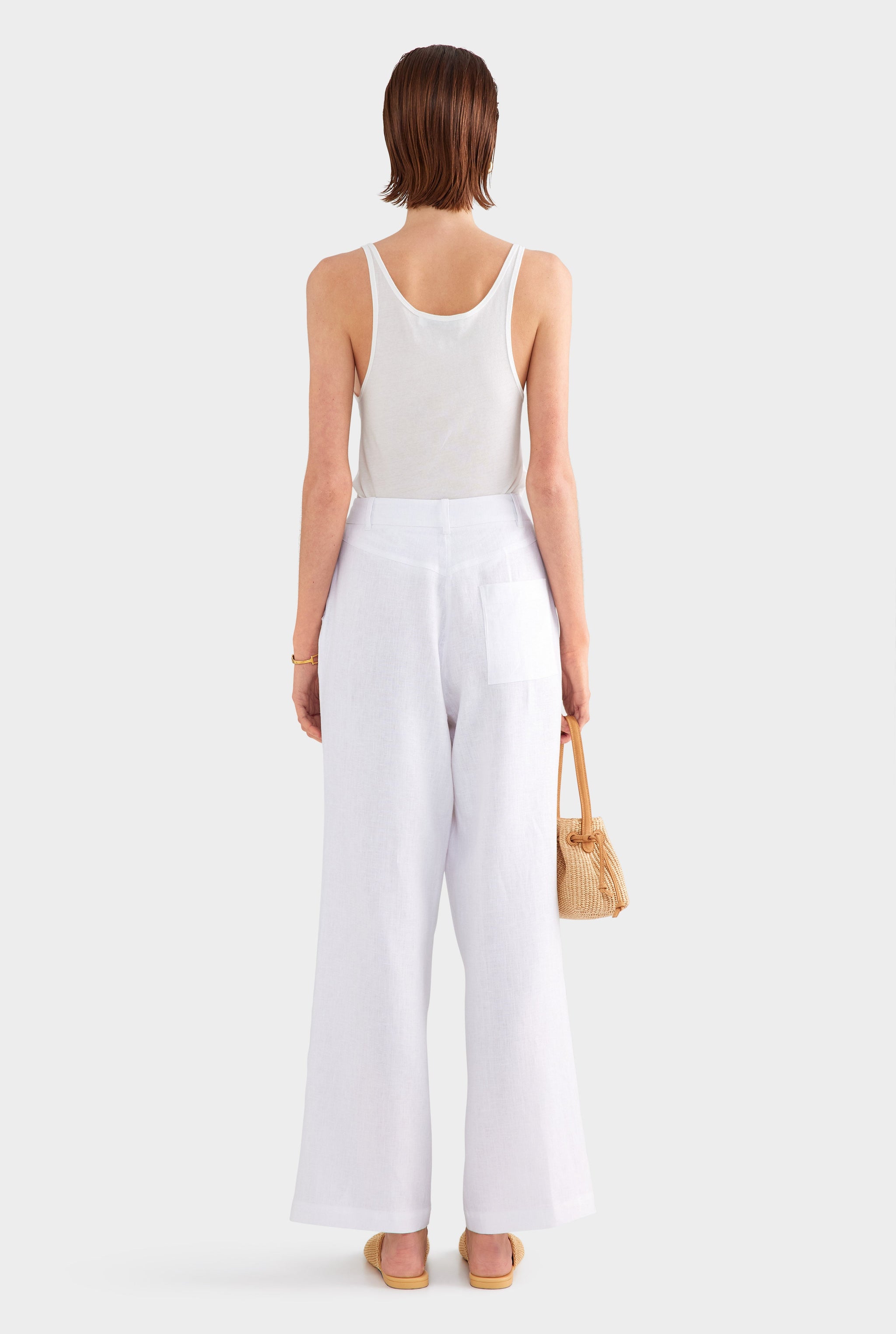 Fixed Waist Linen Trouser - White