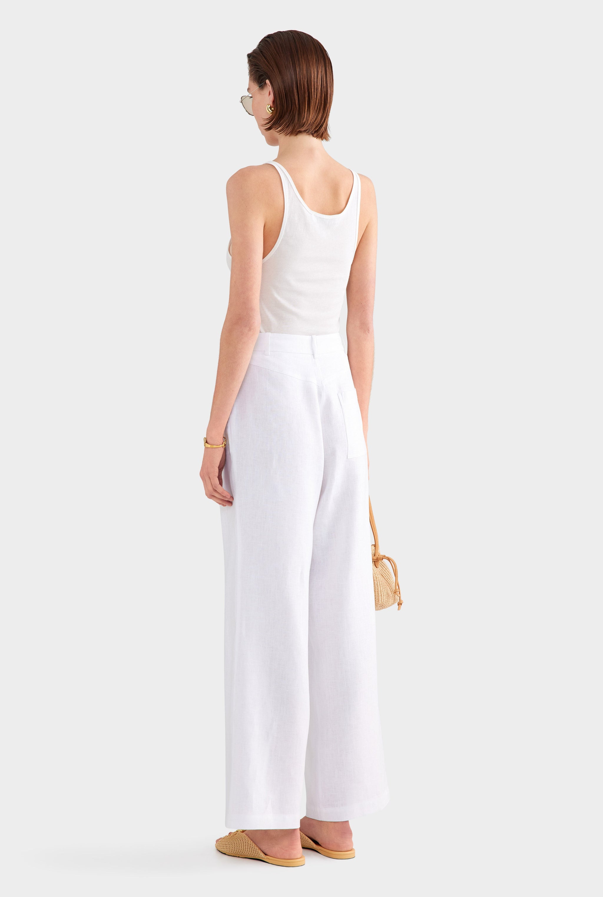 Fixed Waist Linen Trouser - White