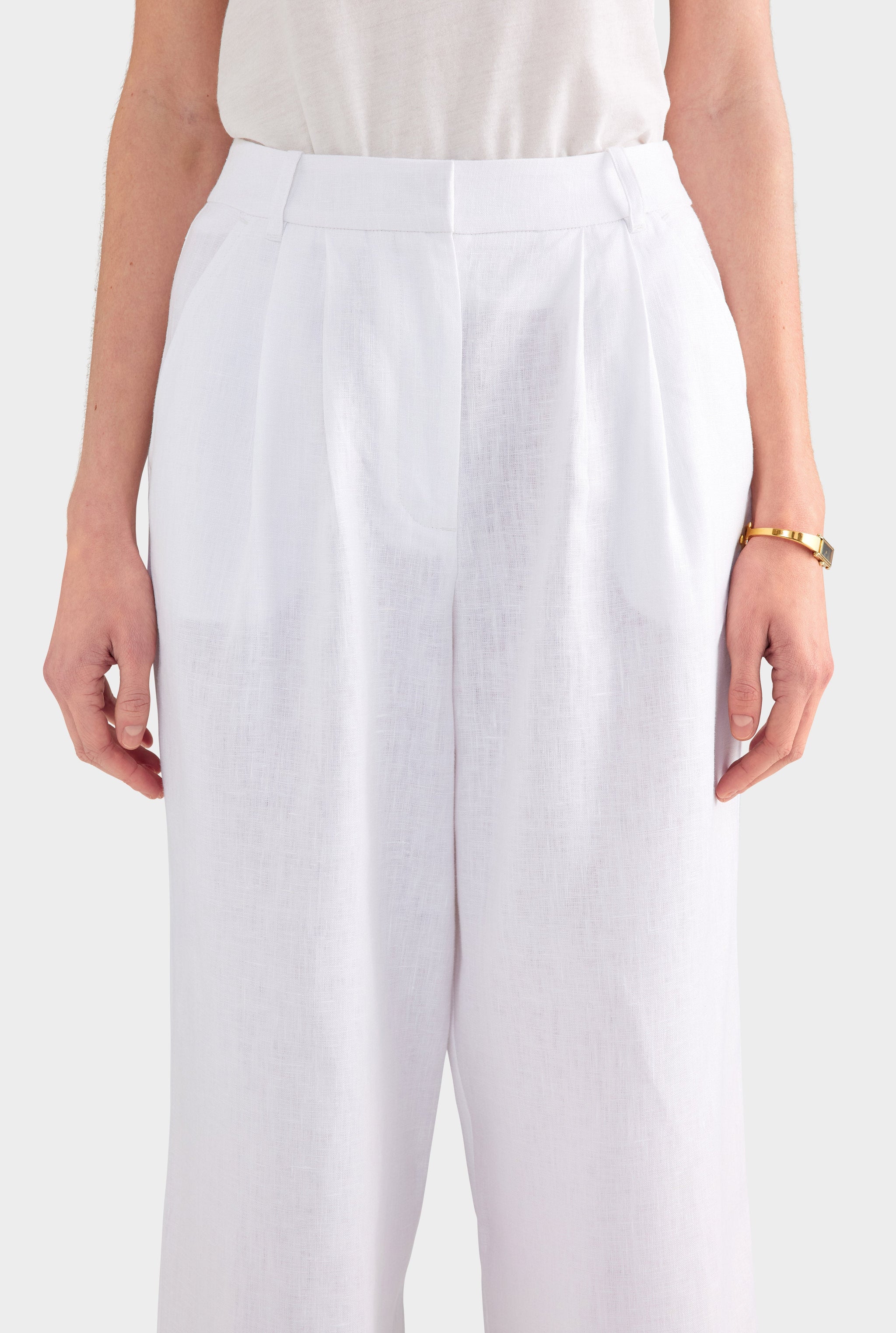 Fixed Waist Linen Trouser - White
