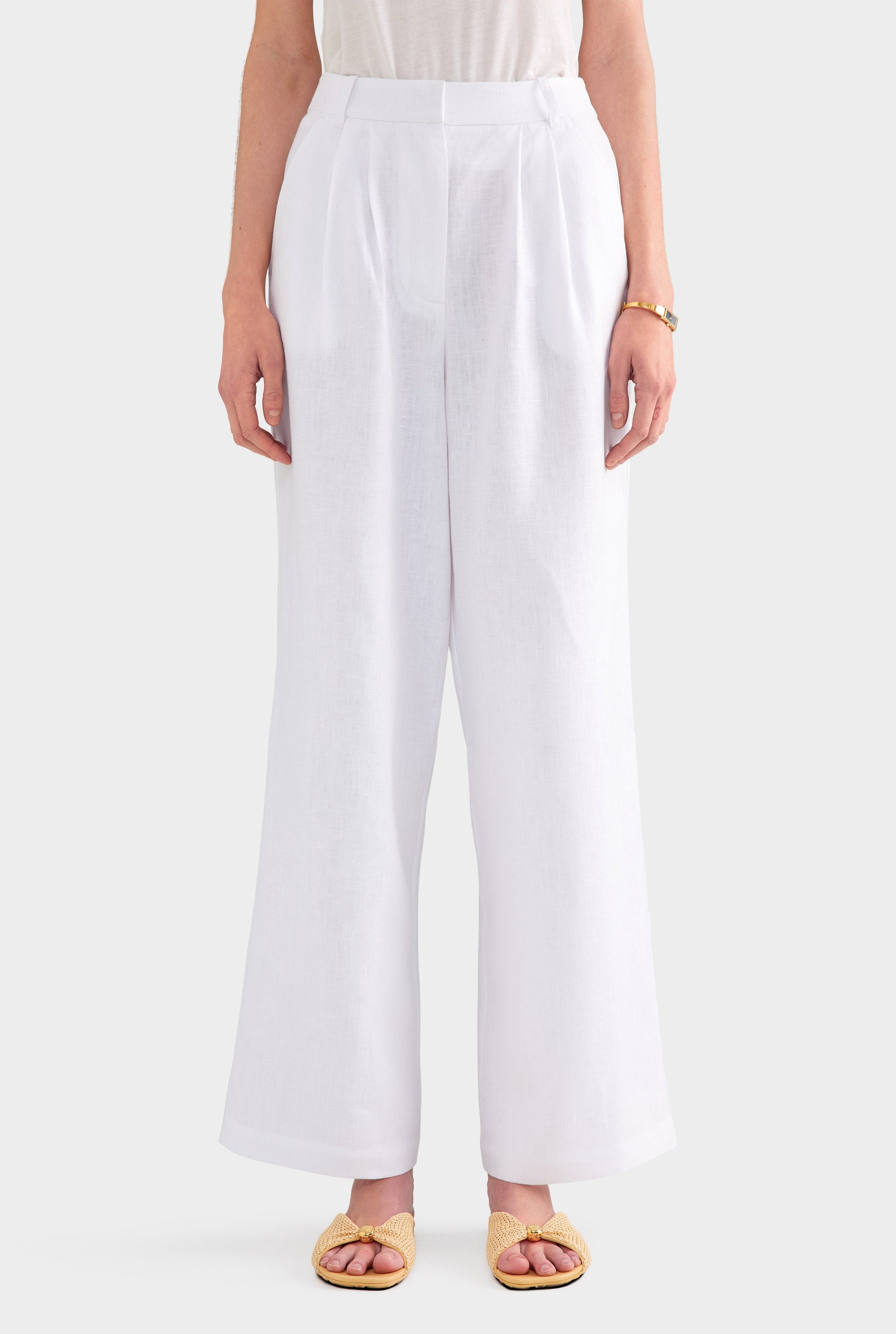 Fixed Waist Linen Trouser - White