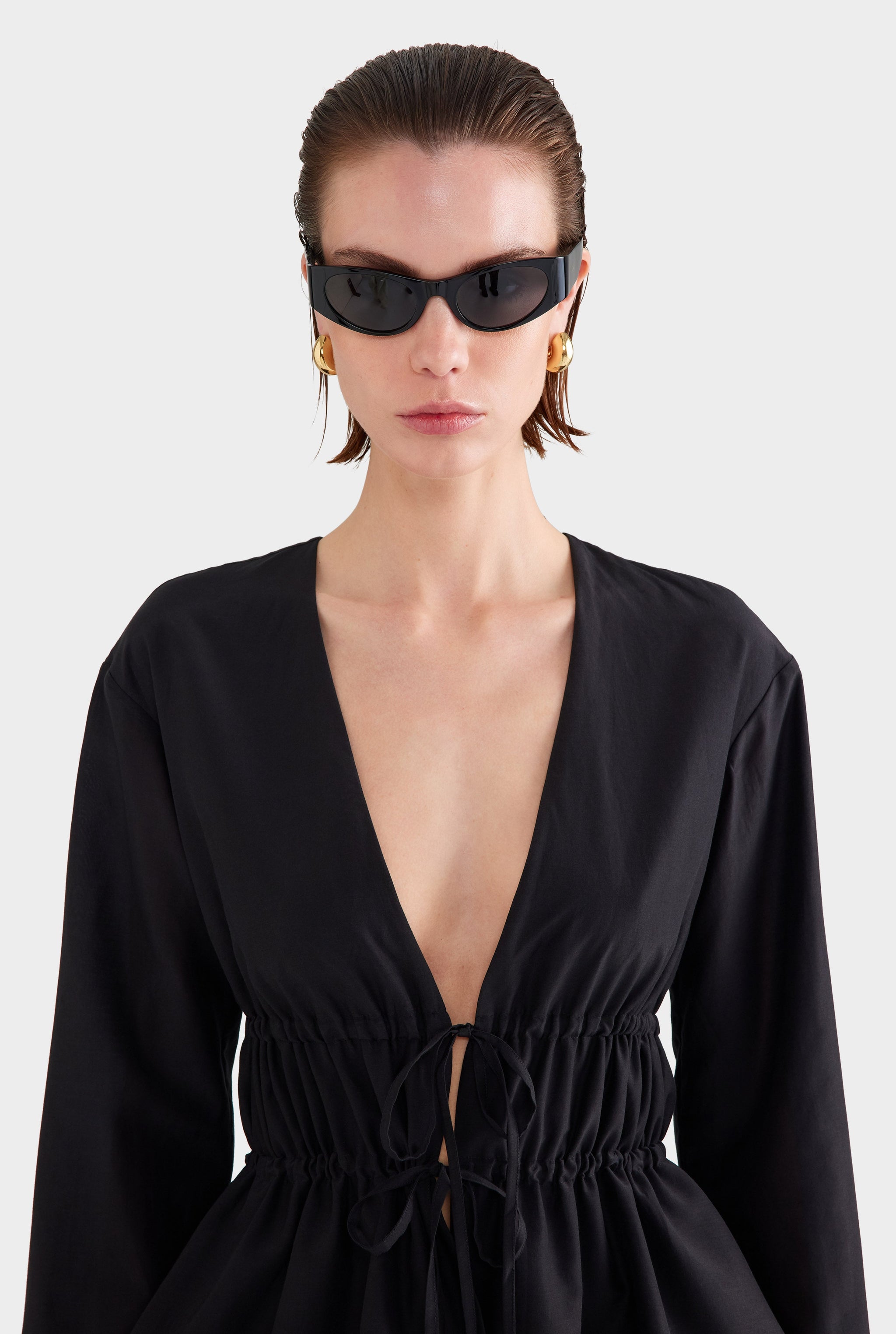 Silk Cotton Gathered Blouse - Black