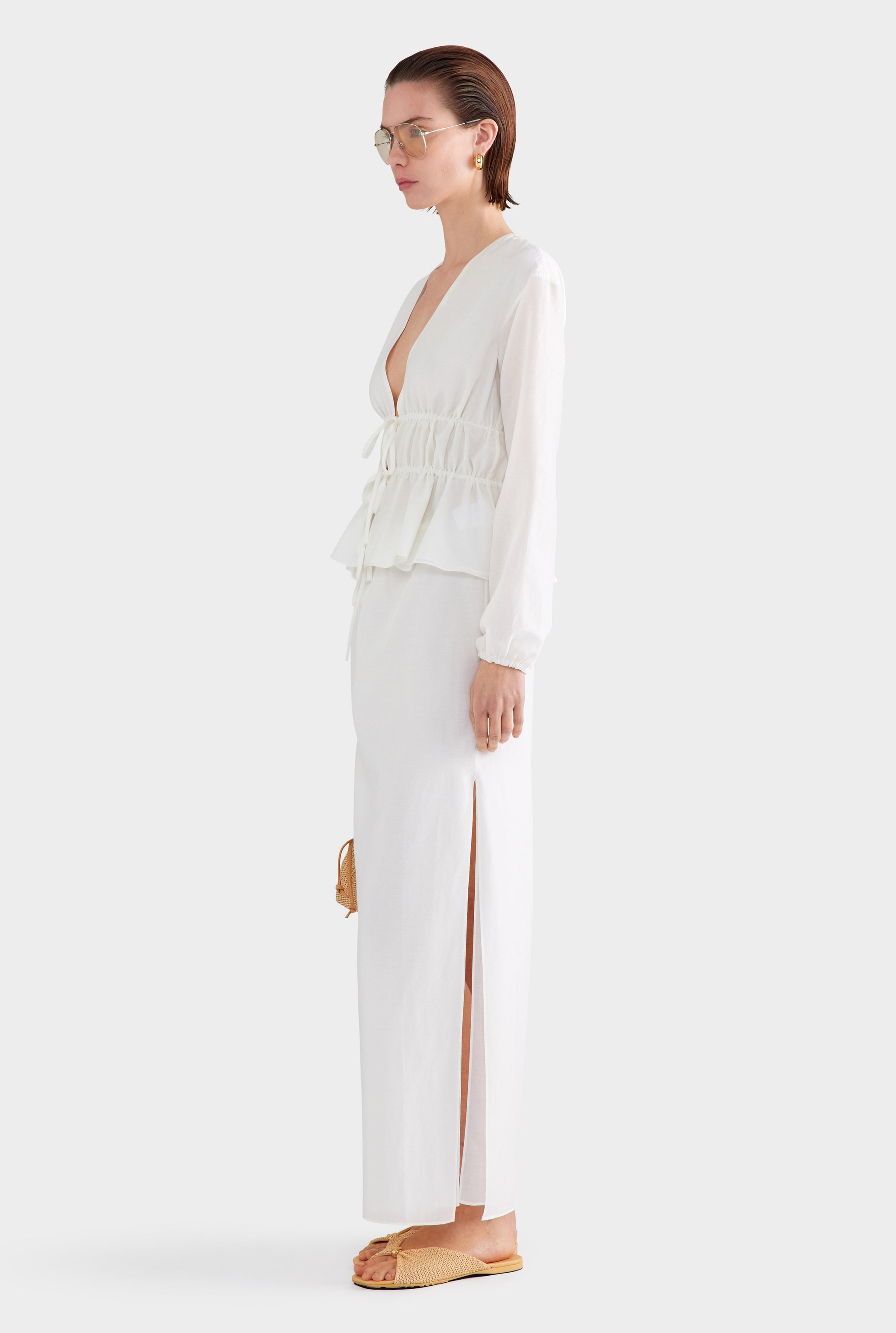 Silk Cotton Gathered Blouse - White