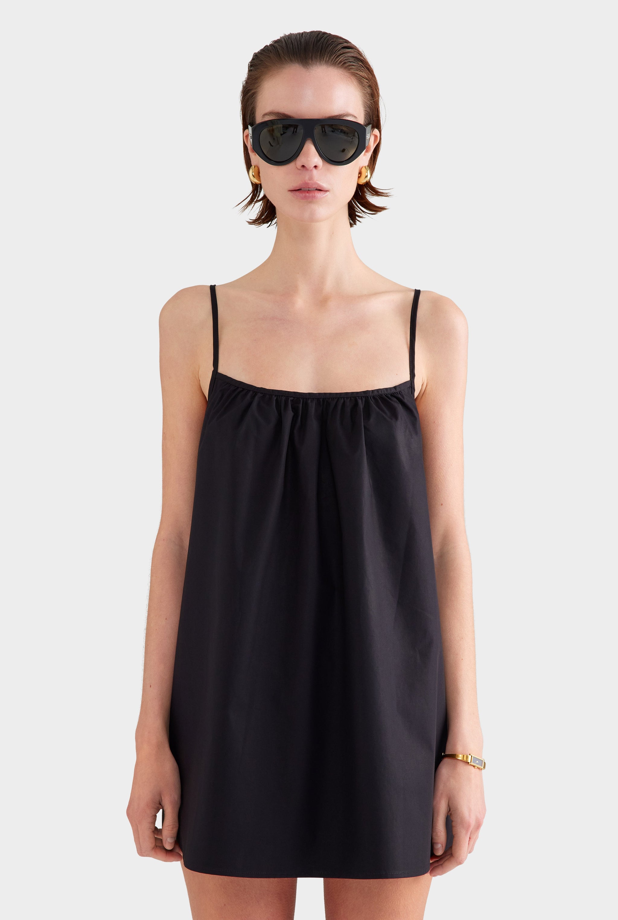 Cotton Poplin A-Line Mini Dress - Black